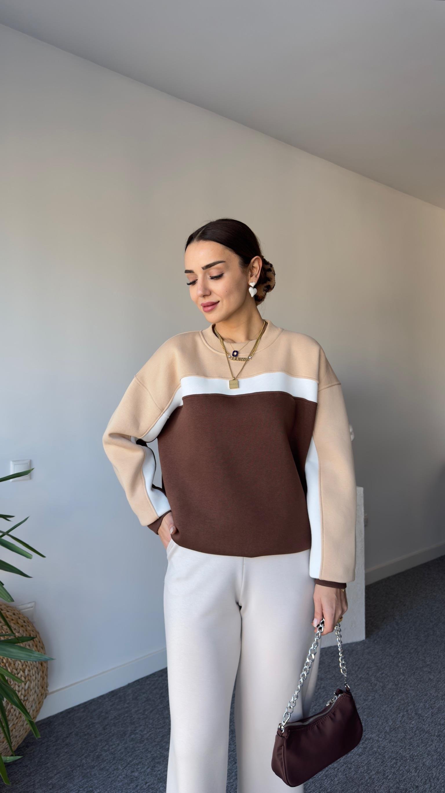 Beyaz Şeritli Çift Renk Sweat Kahve