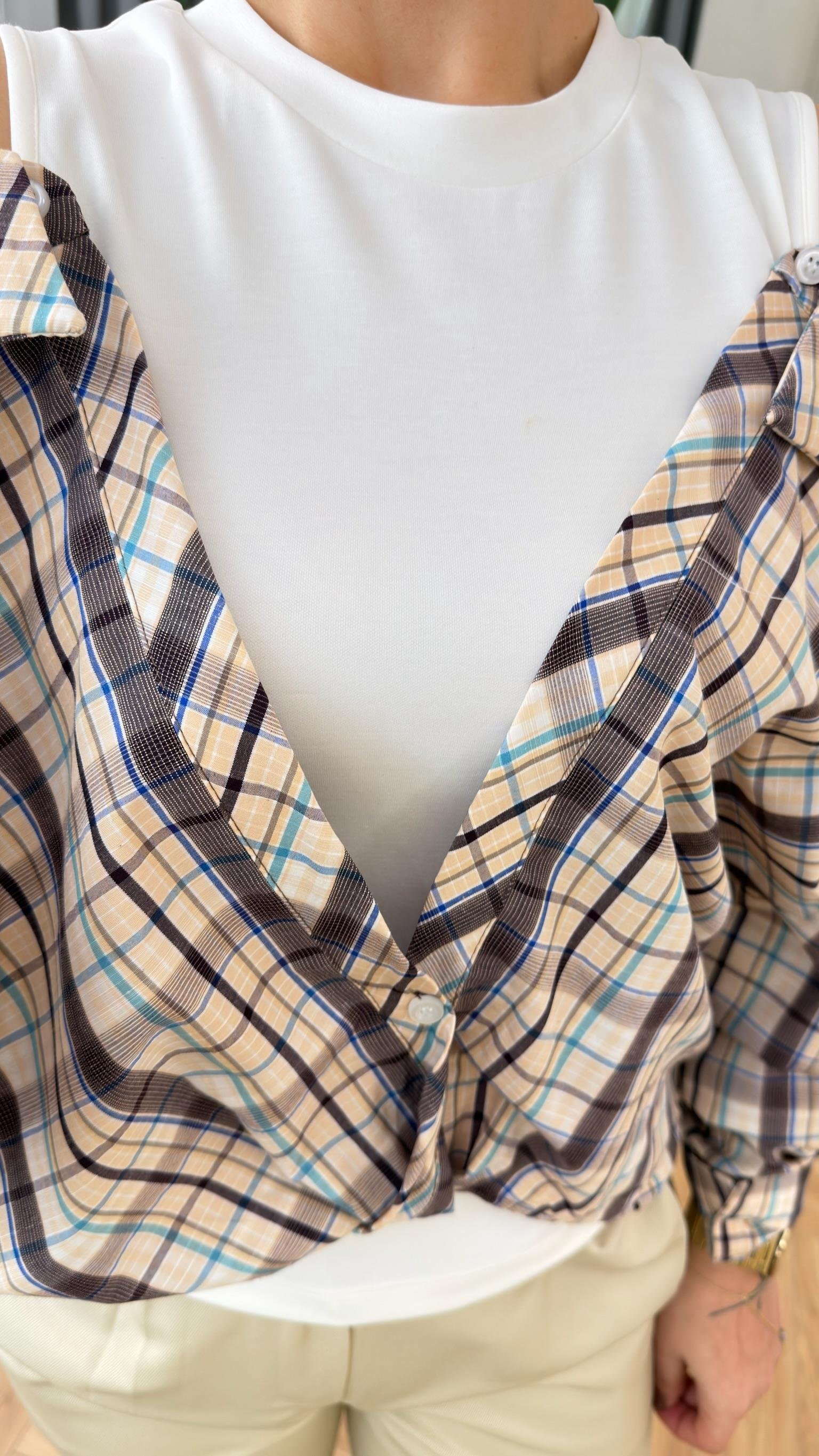 Bej Ekoseli Modal Atletli Gömlek