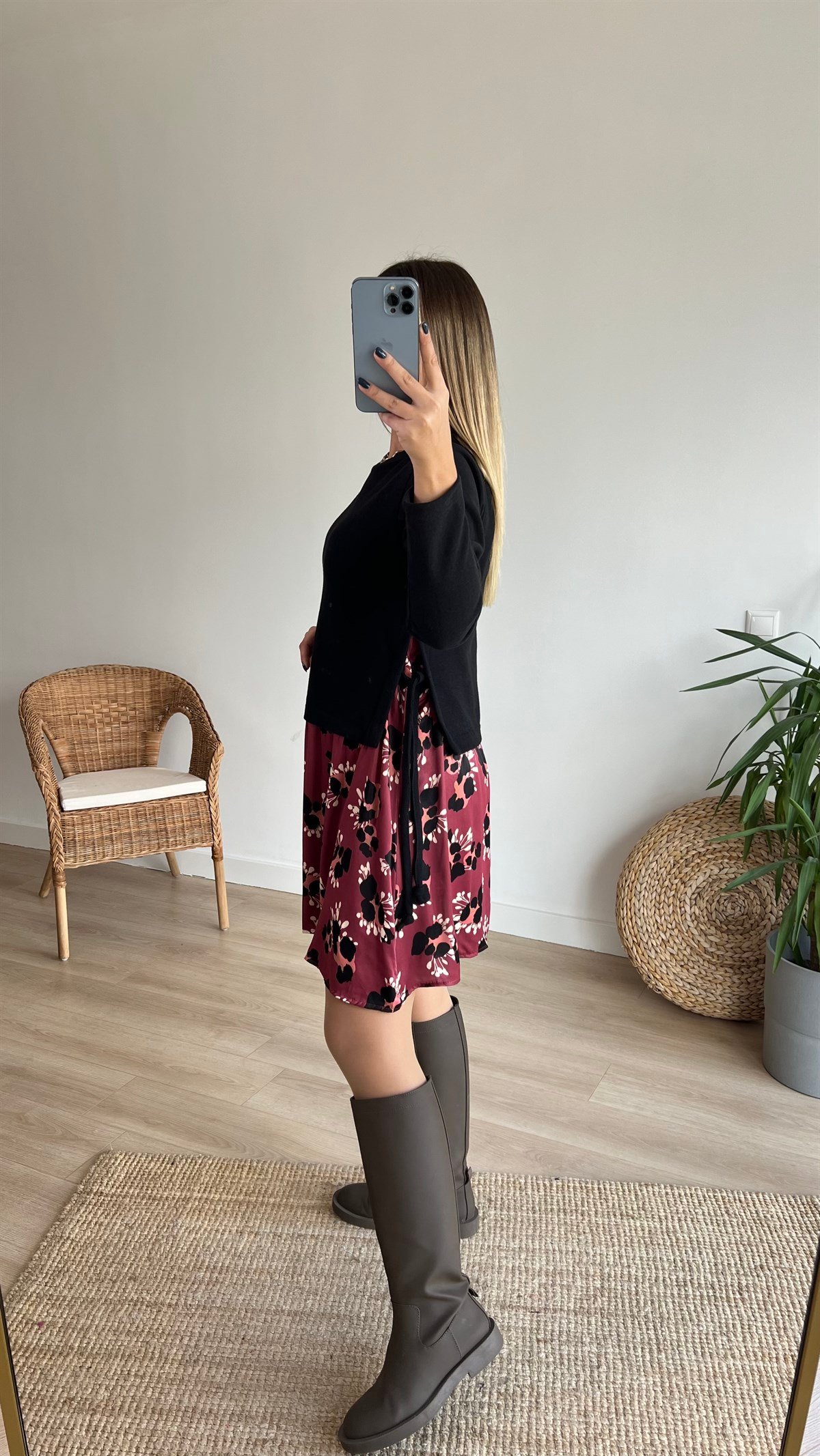 Bordo Saten Detaylı Triko Elbise 