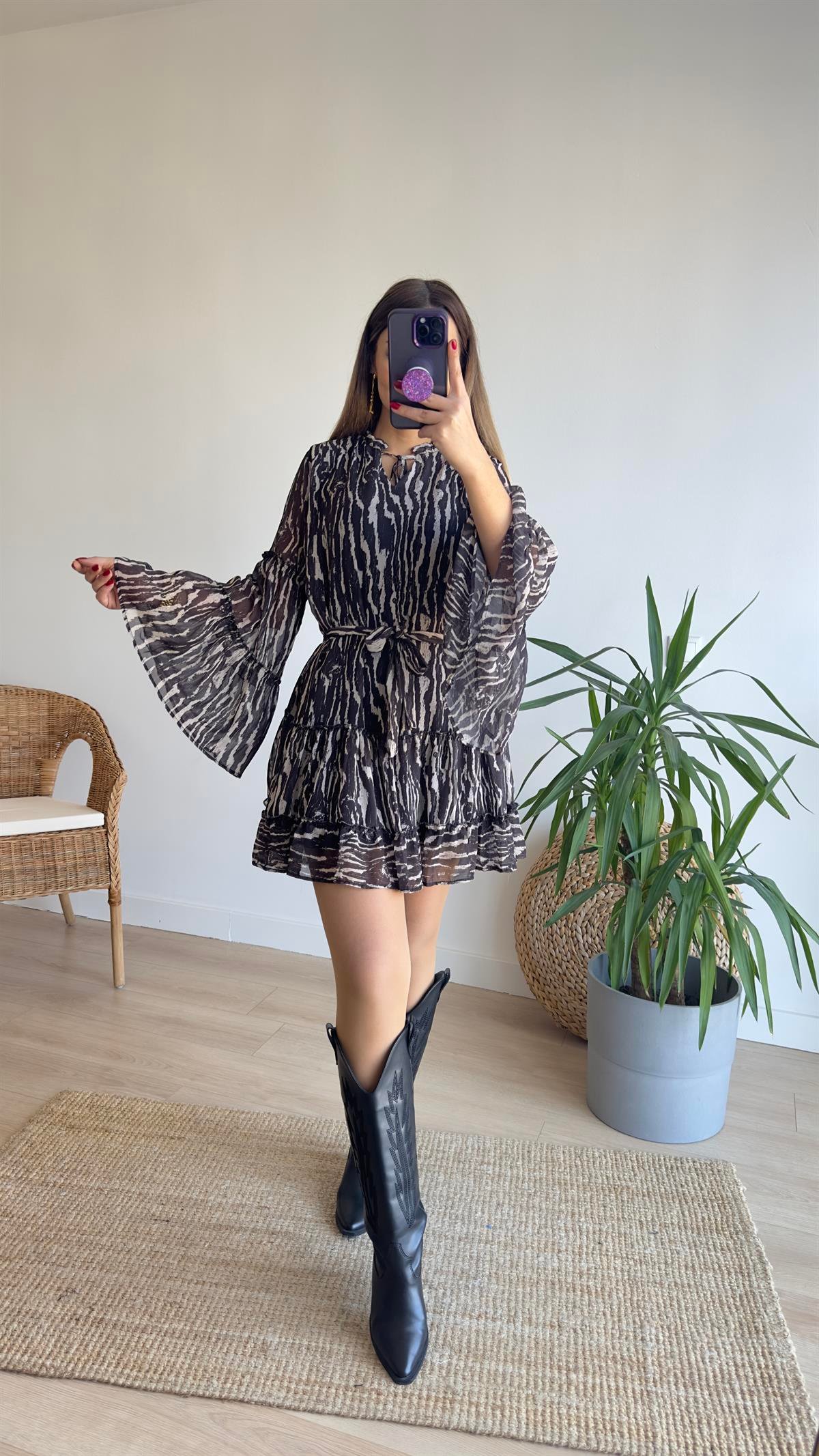 Zebra Desen Astarlı Şifon Elbise