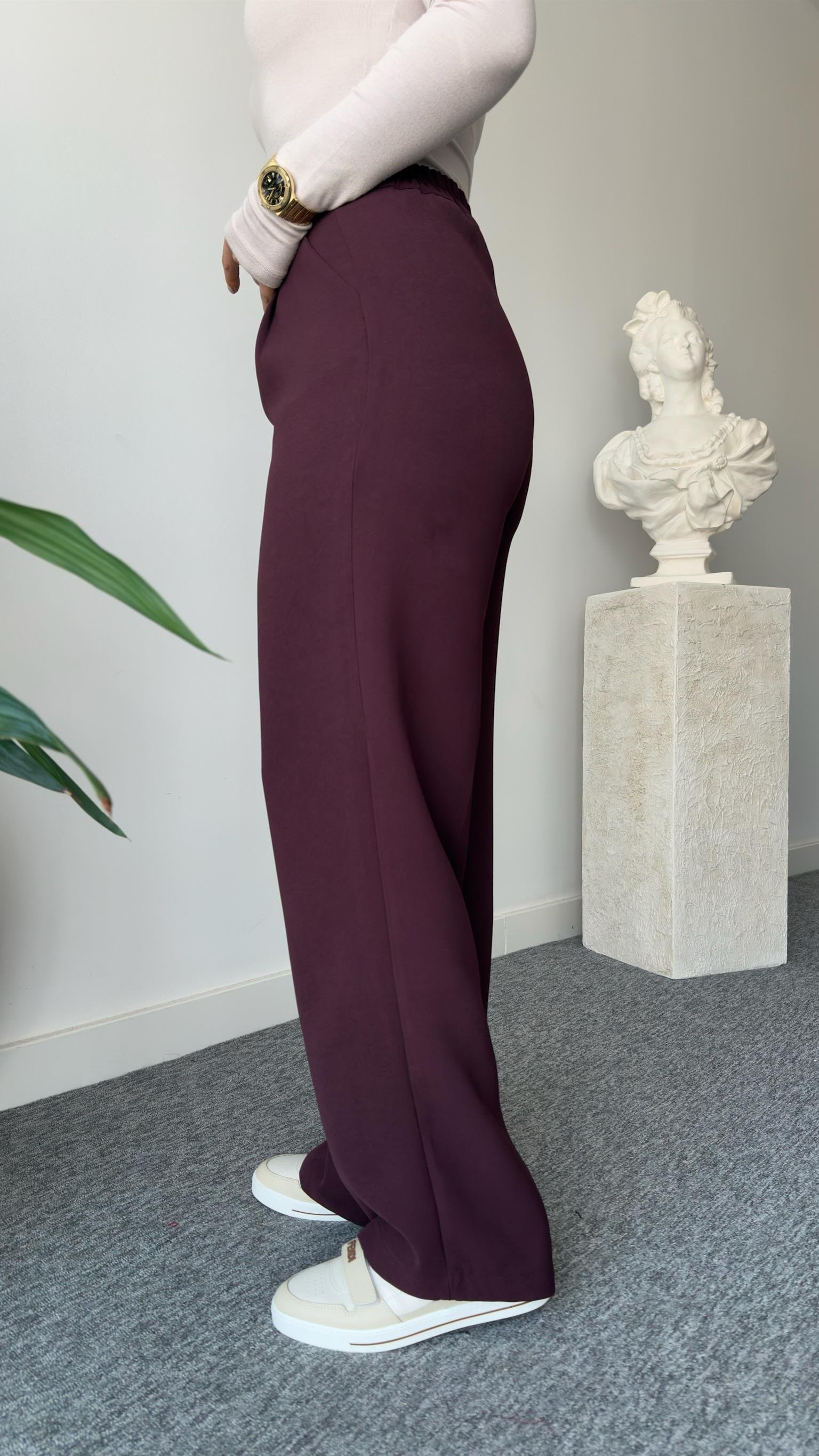 Bordo Gold Düğme Bel Lastikli Pantolon