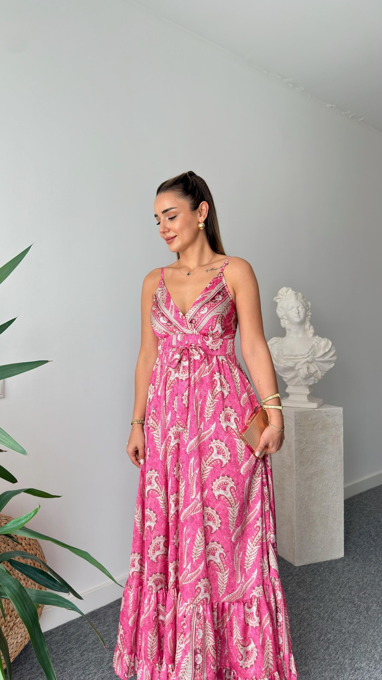 Pembe Etnik Desen Saten Premium Elbise