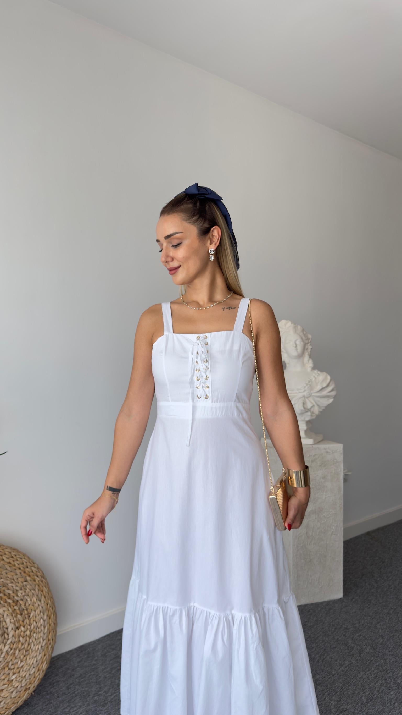 Orj Model Kuş Gözlü Beyaz Elbise 