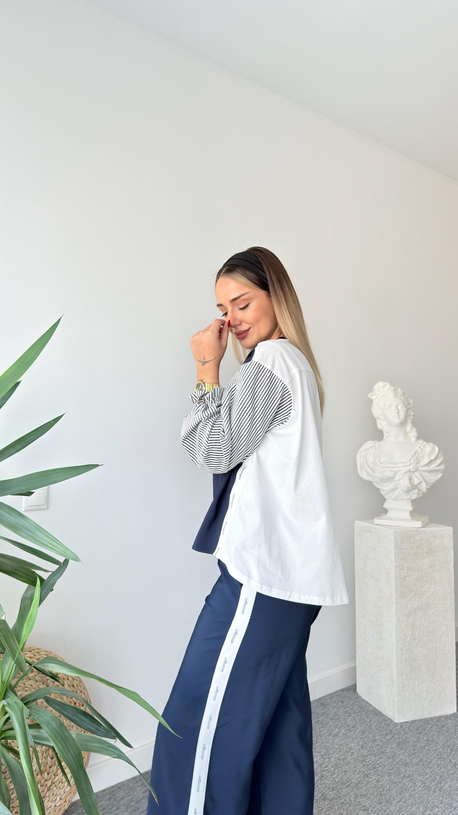 Mexa Poplin Garnili Şeritli Sweatshirt