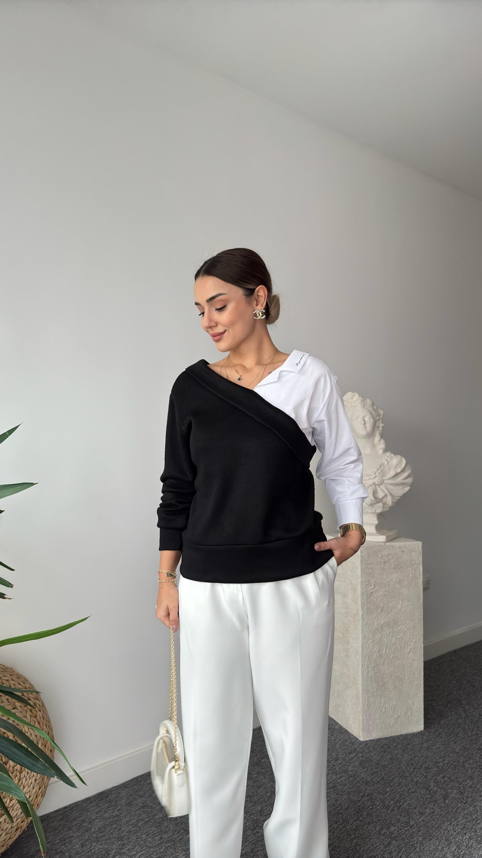 Yaka Yazılı Gömlek Detaylı Siyah Triko