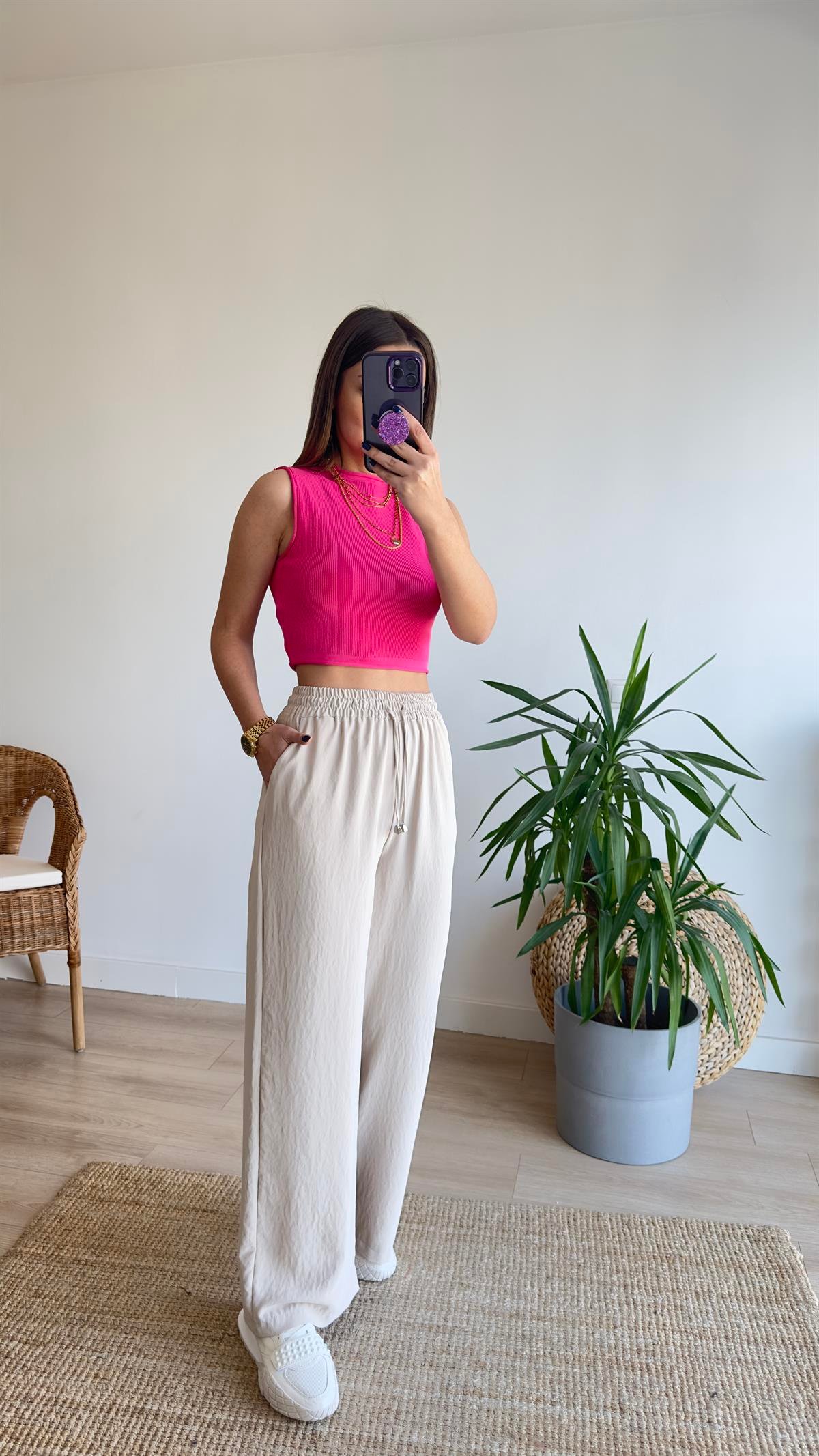 Beli Lastikli Bol Paça Bej Pantolon