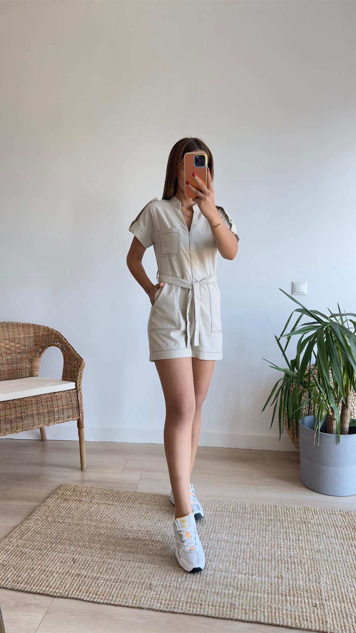 Auro Zra Model Bej Keten Şort Tulum