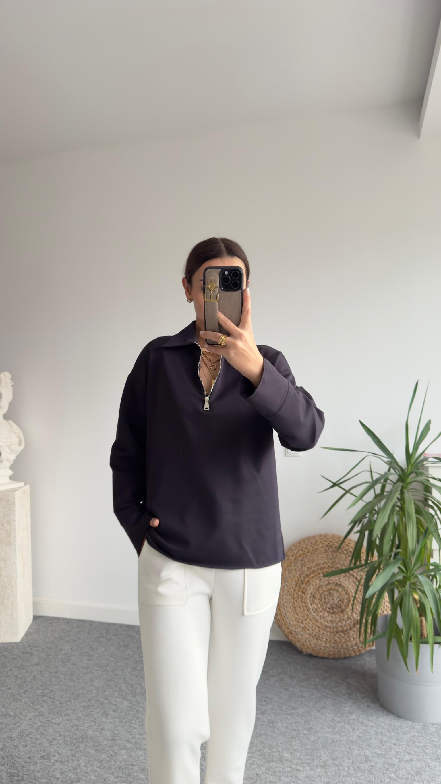 Polo Yaka Yarım Fermuarlı Laci Sweat