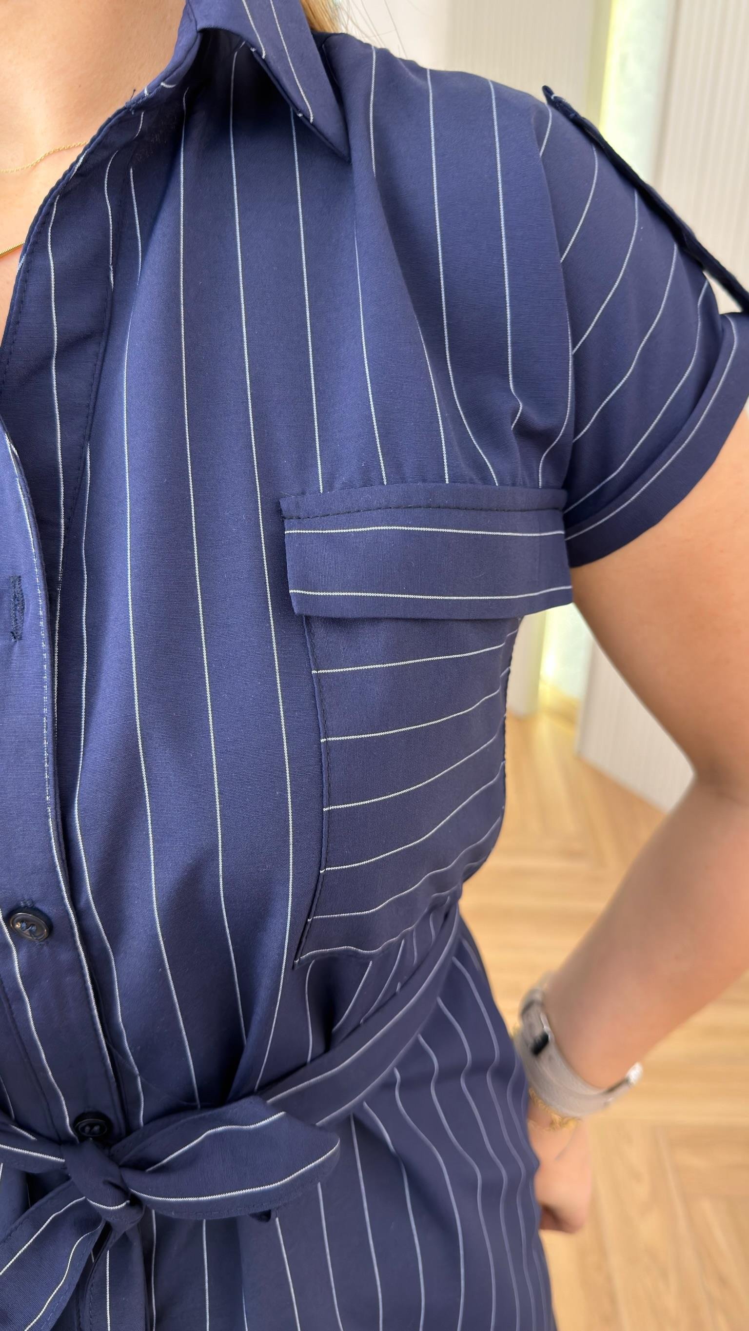 Estali Çizgili Lacivert Elbise 