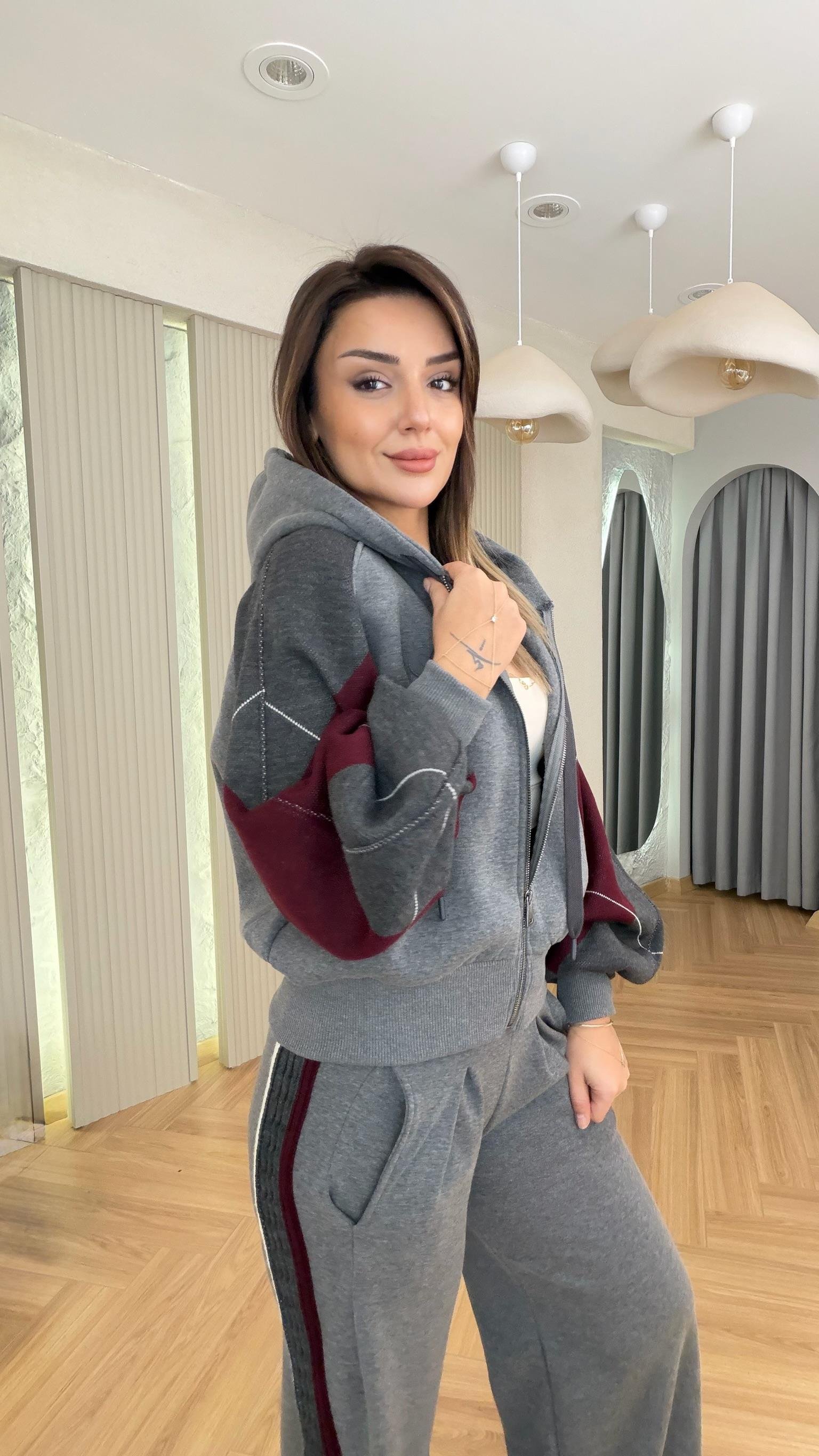 Gri Balon Kol Triko Garnili Üçlü Takım