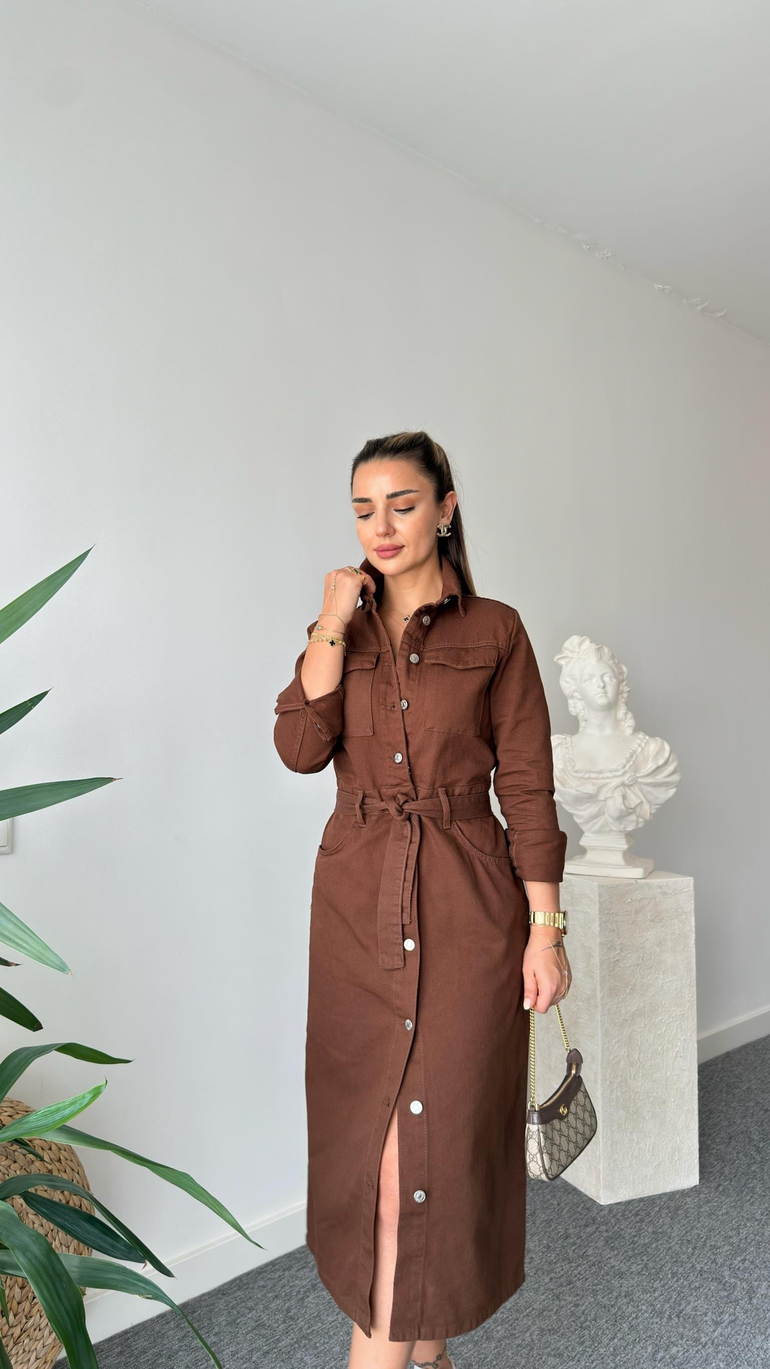Kahve Vuko Kemerli Gabardin Elbise