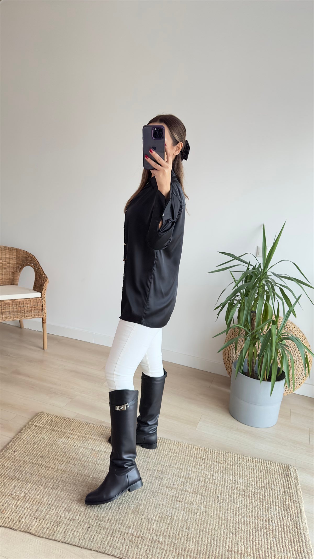 Saten Siyah Basic Gömlek