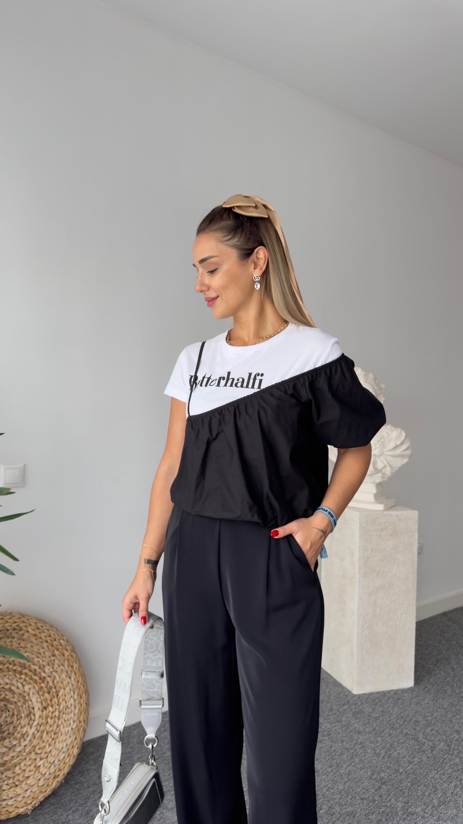 Rusi İkili Yazı Detaylı Tshirt