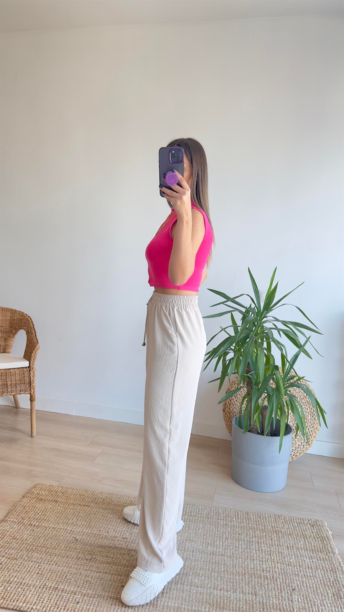 Beli Lastikli Bol Paça Bej Pantolon