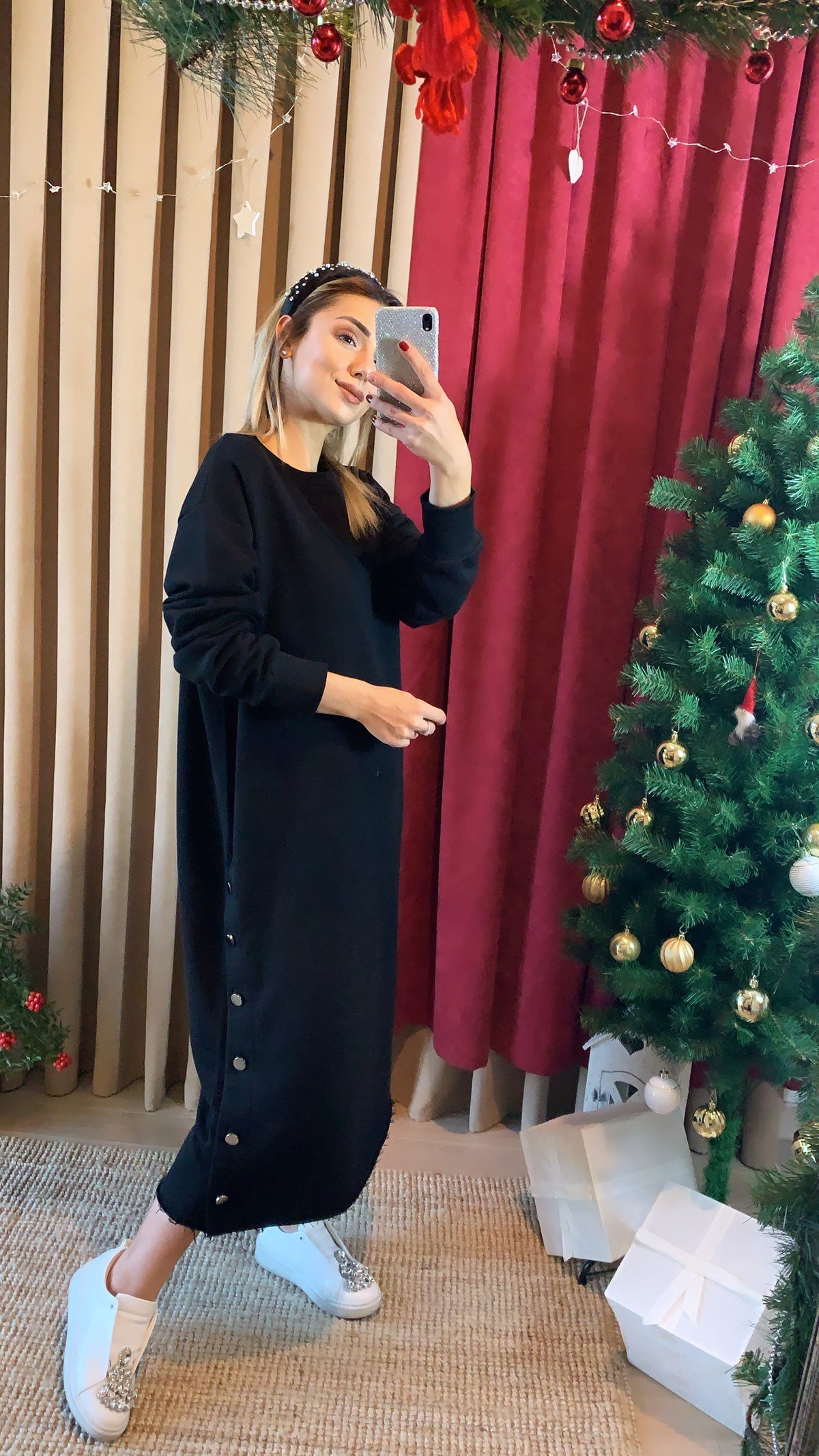 Düğmeli Yırtmaç Sweat Elbise 