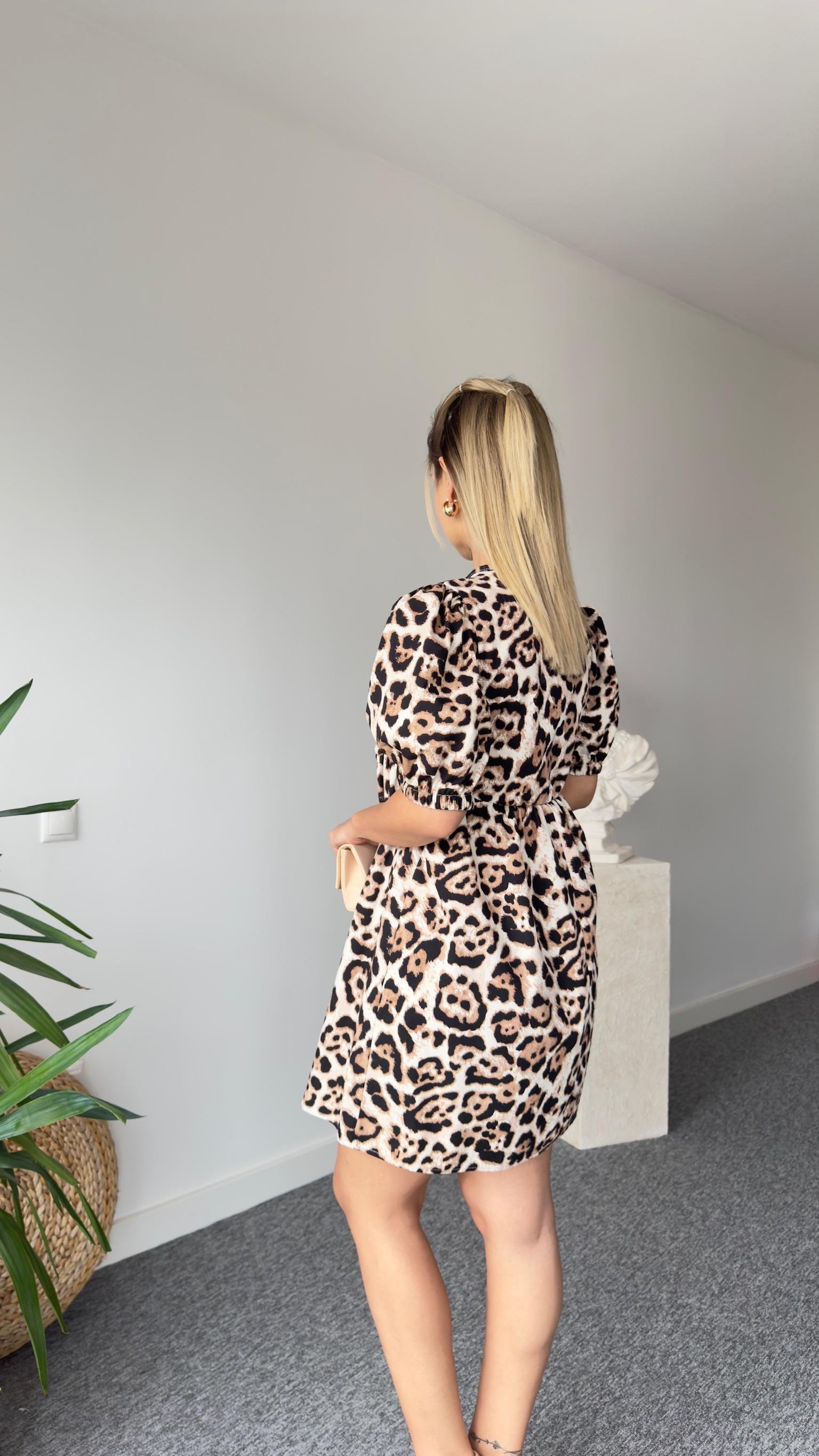 Balon Kol Önü Bağlamalı Leopar Desen Elbise