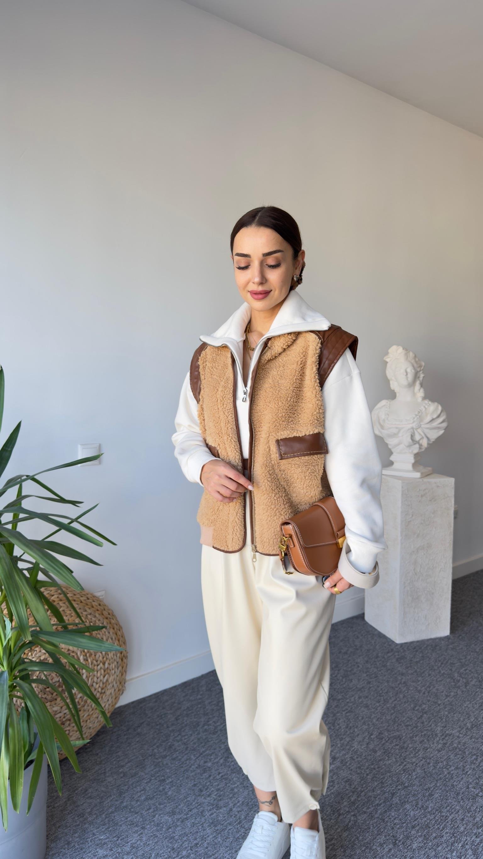 Kahve Deri Detaylı Teddy Yelek