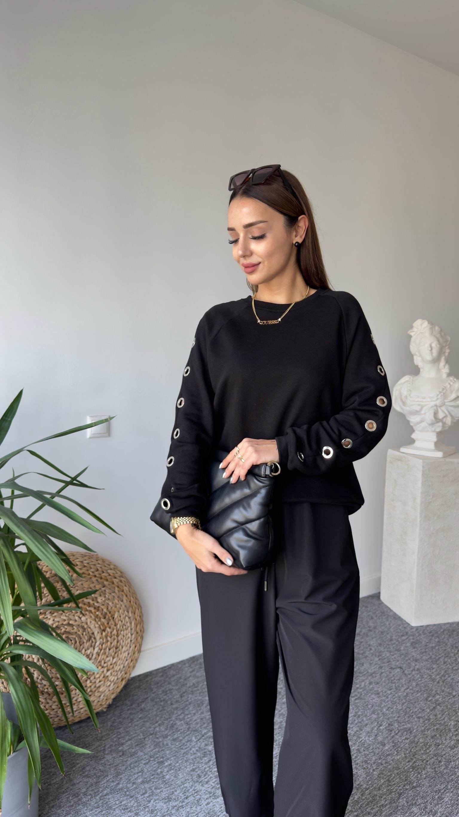 Orj Model Kollar Kuş Gözü Detay Siyah Sweat 