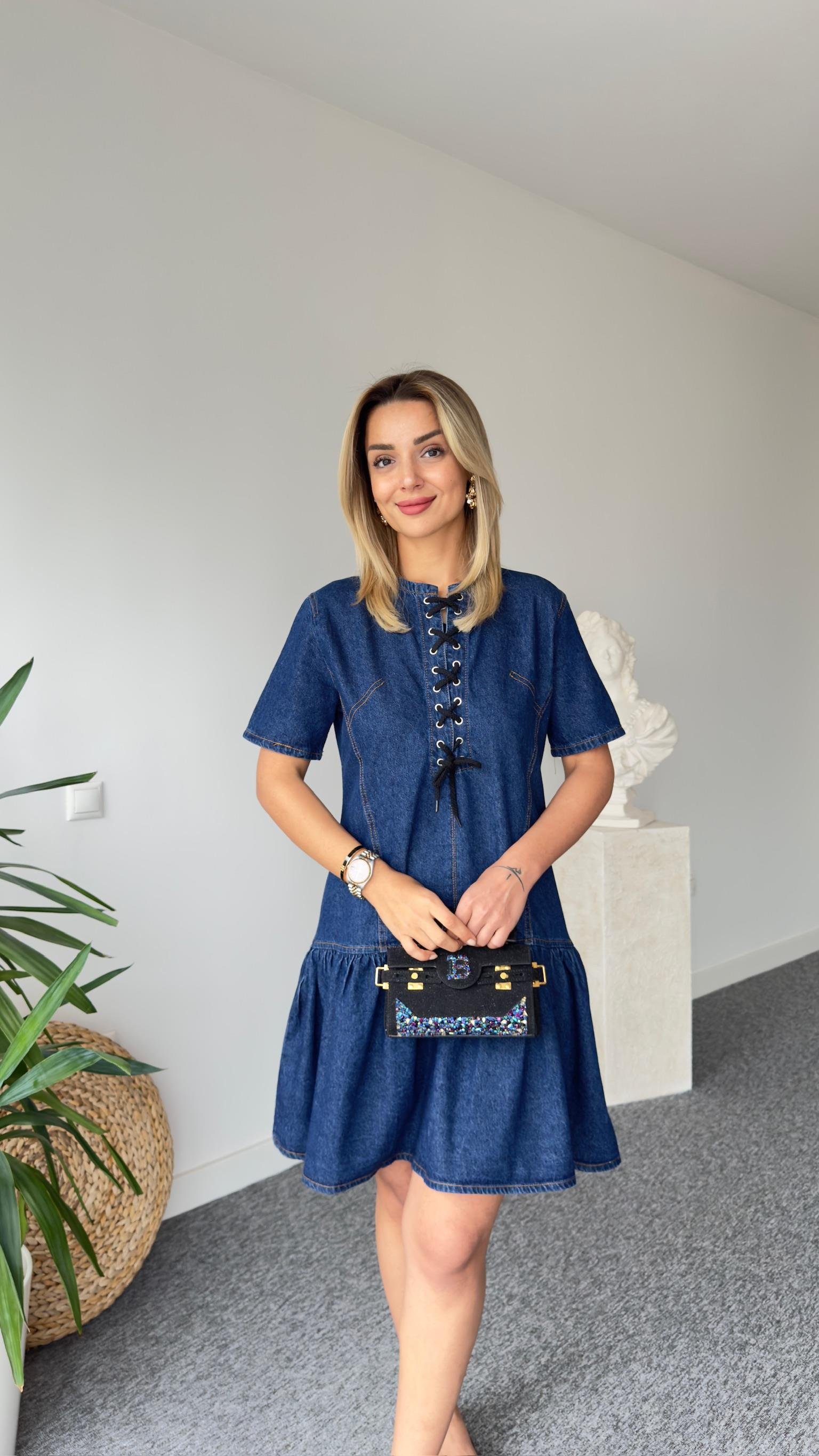Lero Bağcık Detaylı Jean Elbise 