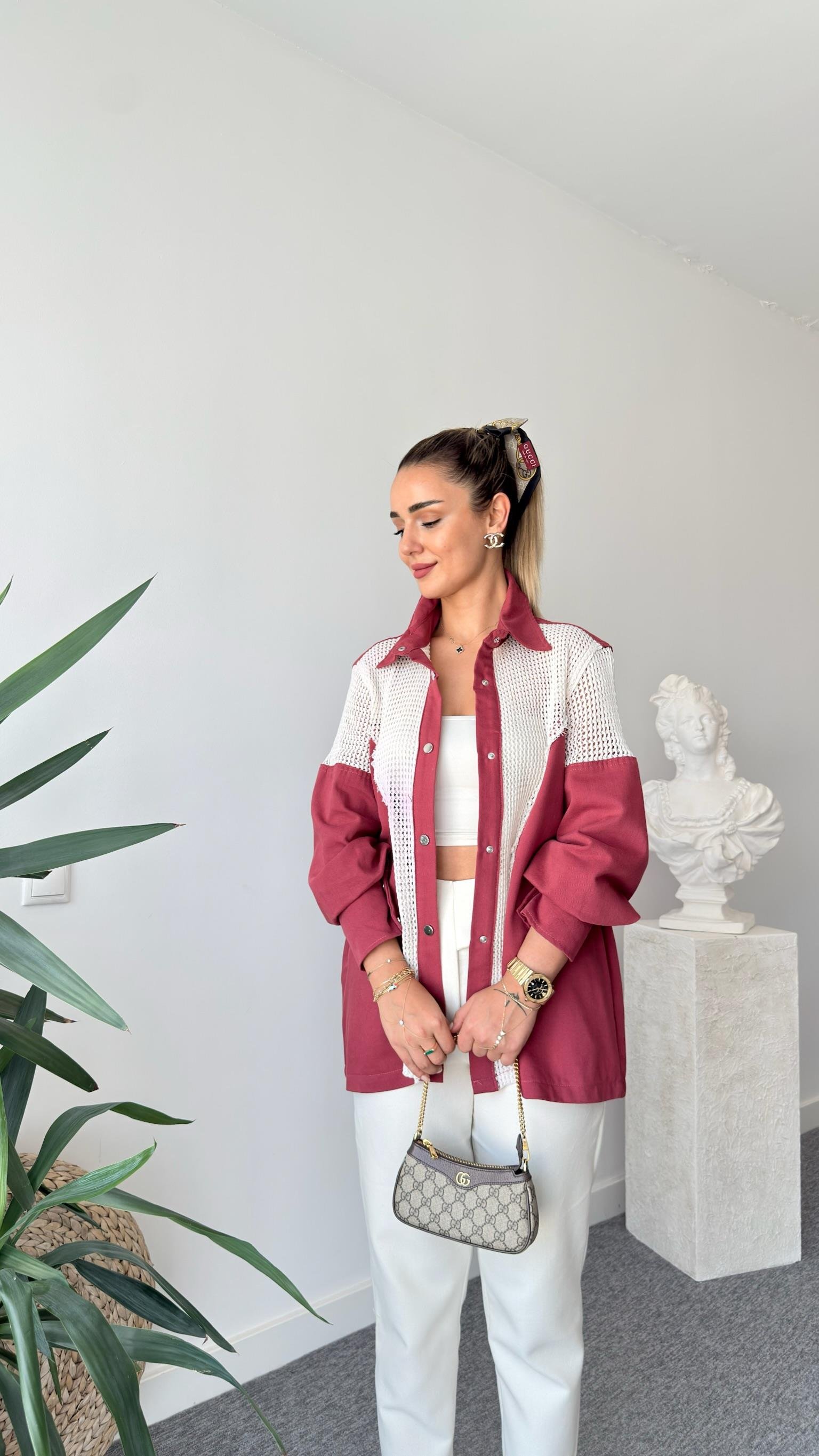 Bordo Riga File Detaylı Gömlek Ceket