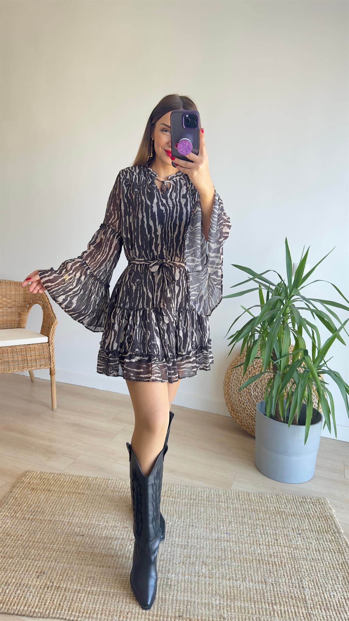 Zebra Desen Astarlı Şifon Elbise