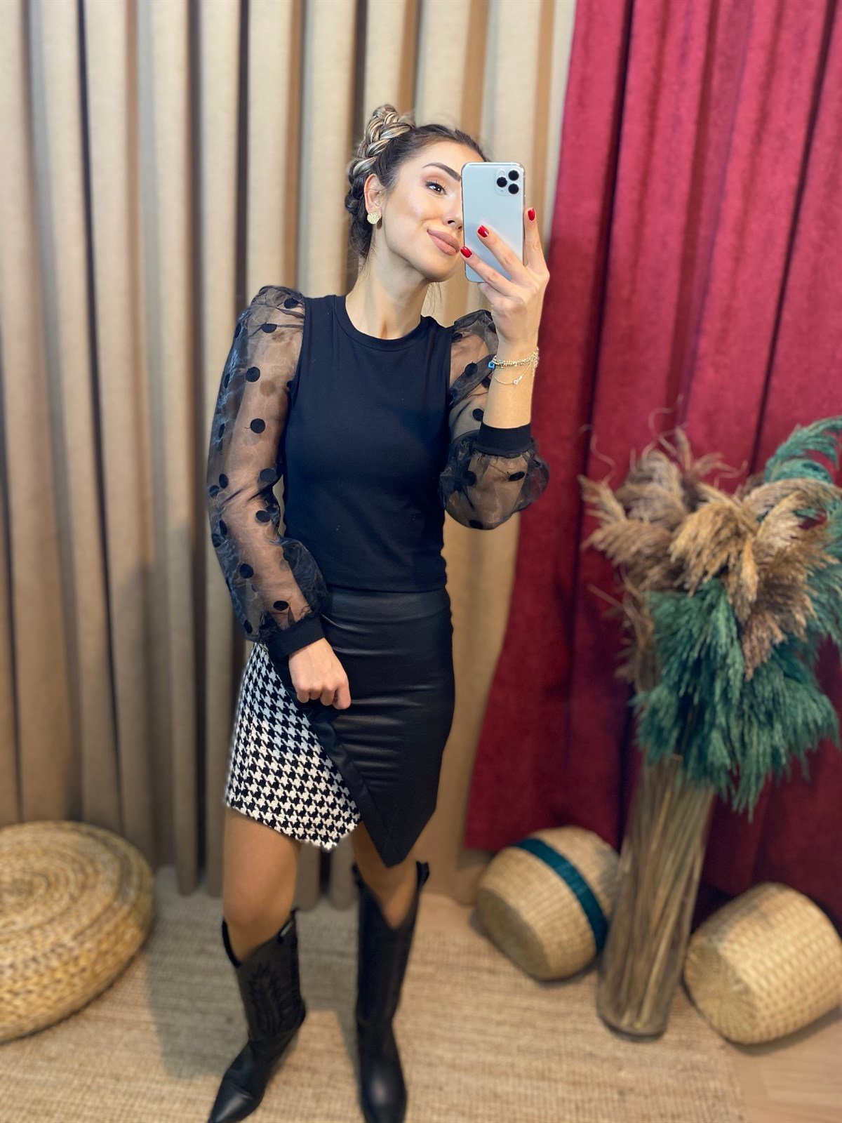 Organze Kol Puantiyeli Bluz