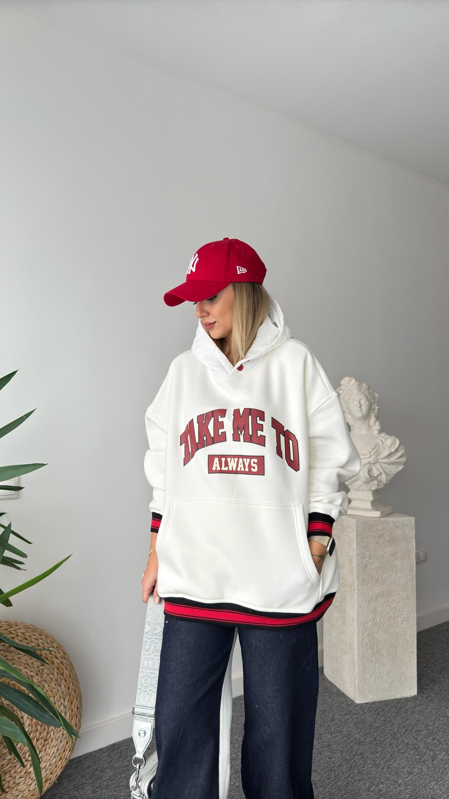 Eddy Yazılı Kapitone Kapüşonlu Beyaz Sweatshirt
