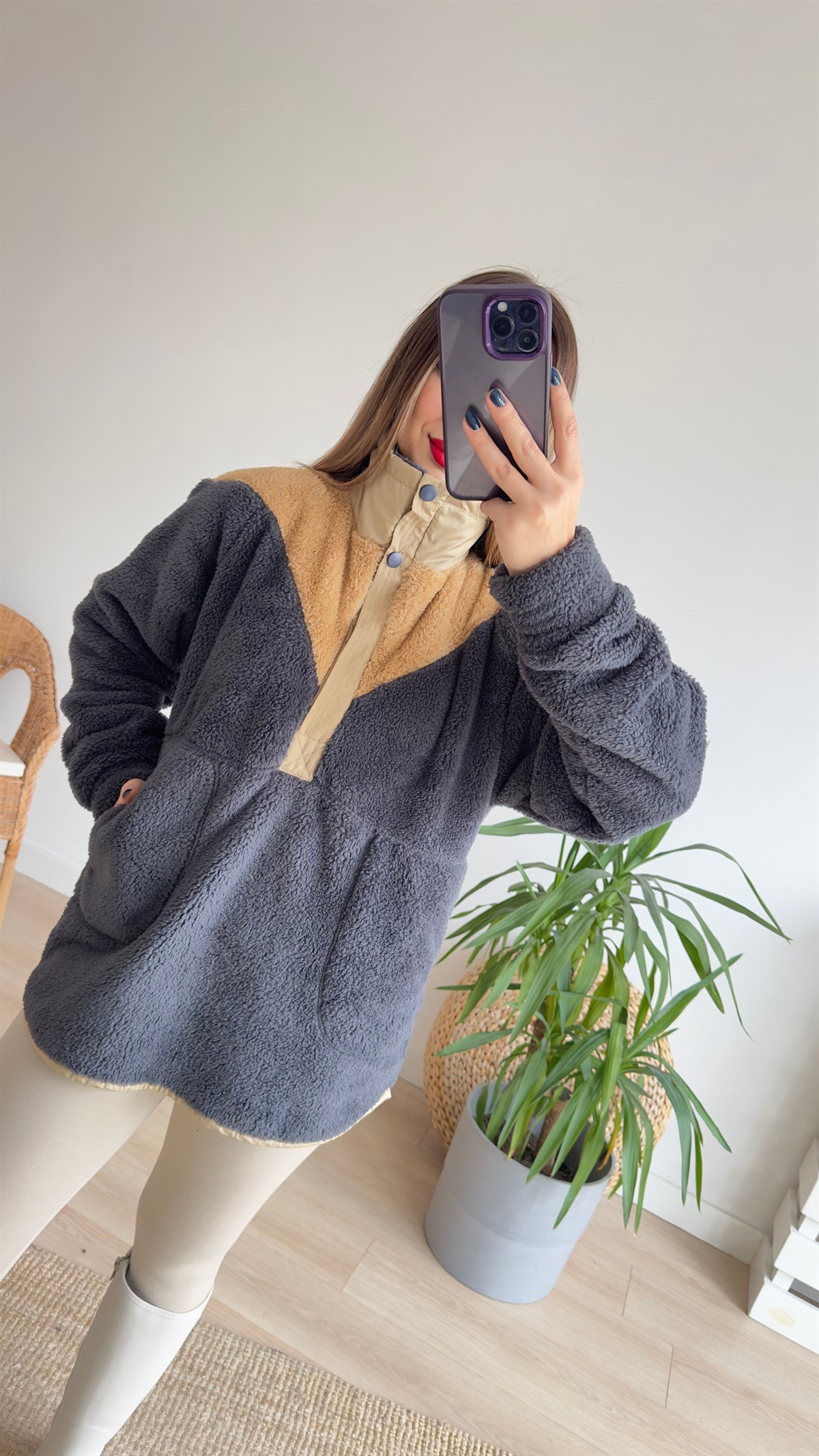 Yarım Fermuar Cepli Antrasit Polar Sweat