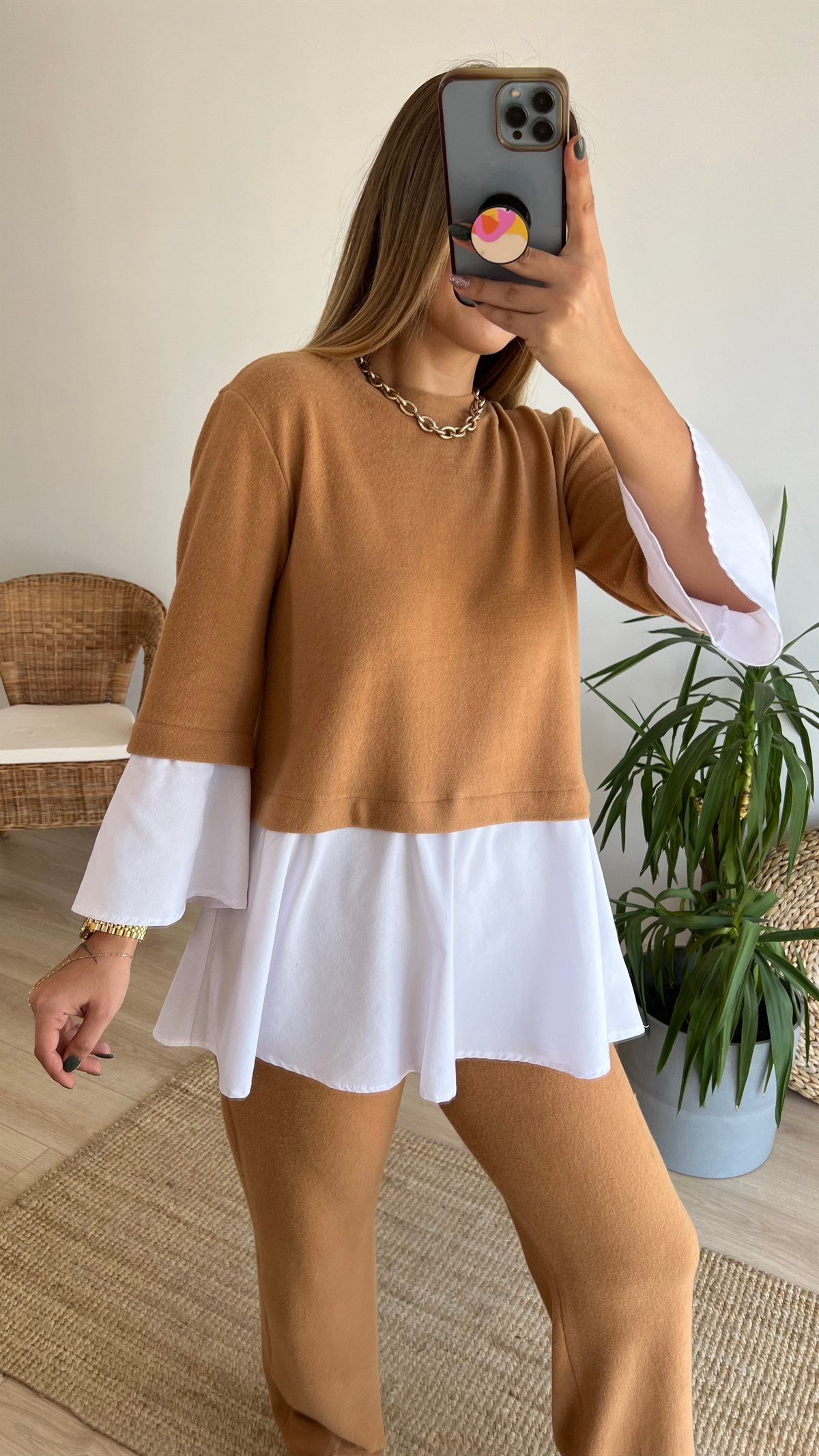 Camel Gömlek Detaylı Bluz Pantolon Takım
