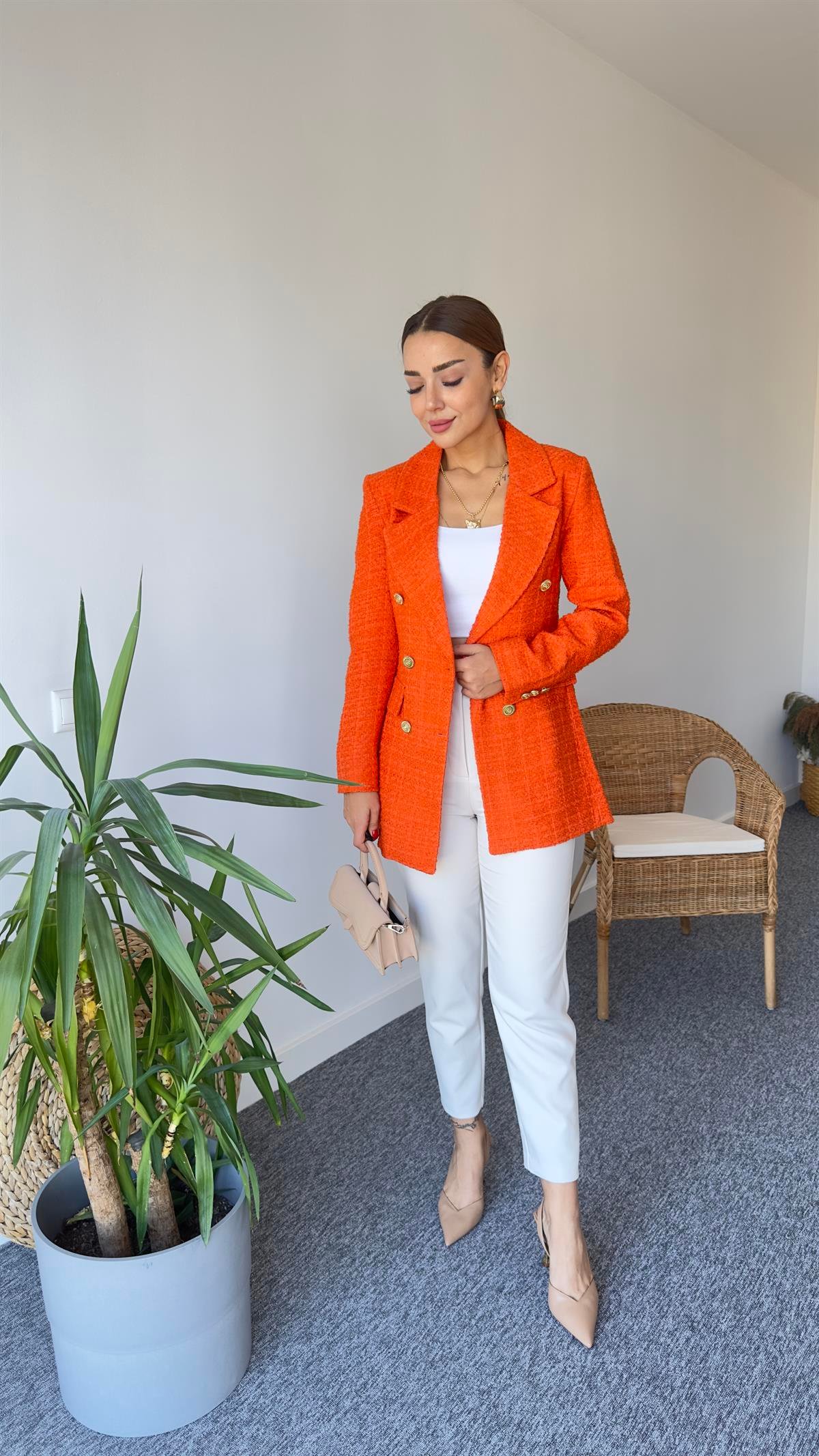 Gold Düğme Turuncu Tüvit Blazer Ceket