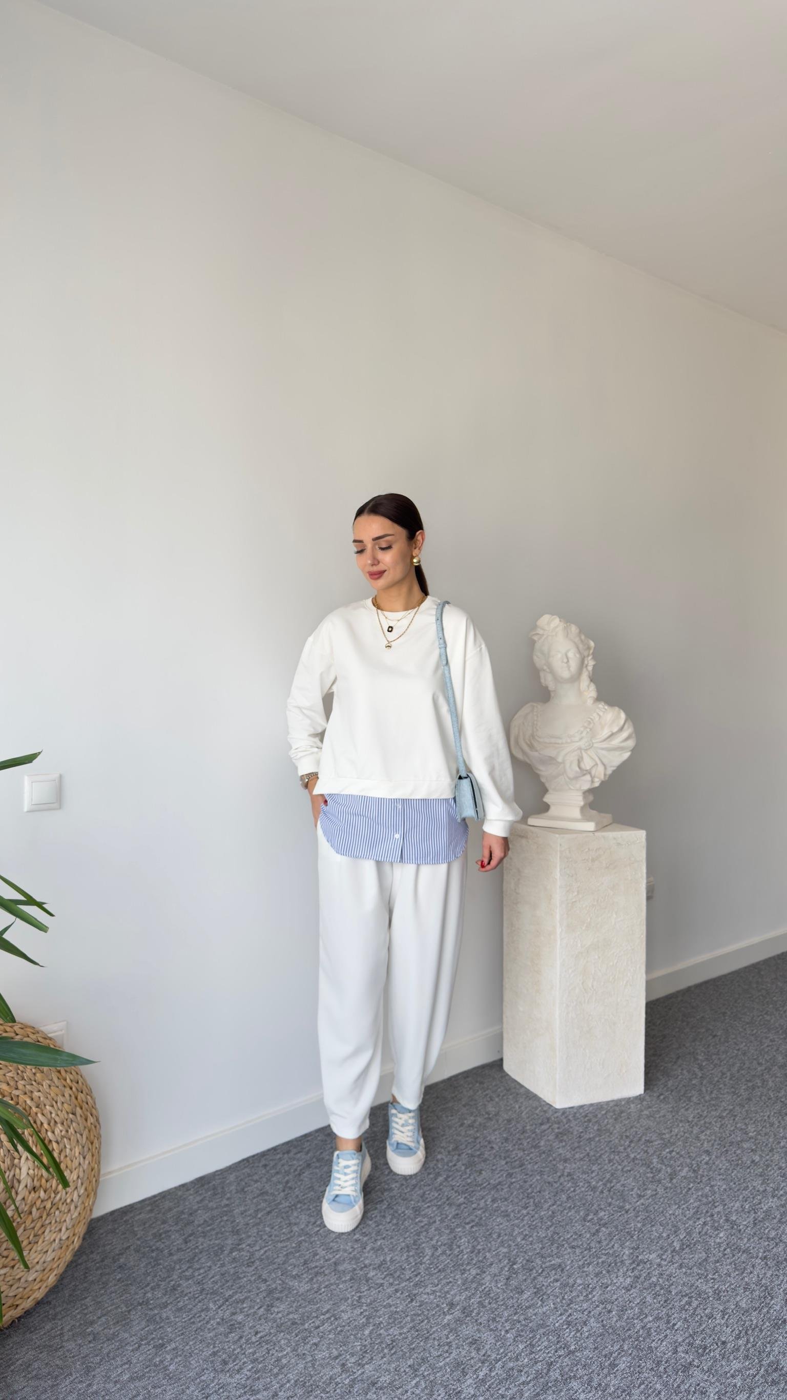 Çizgili Poplin Garnili Beyaz Sweat