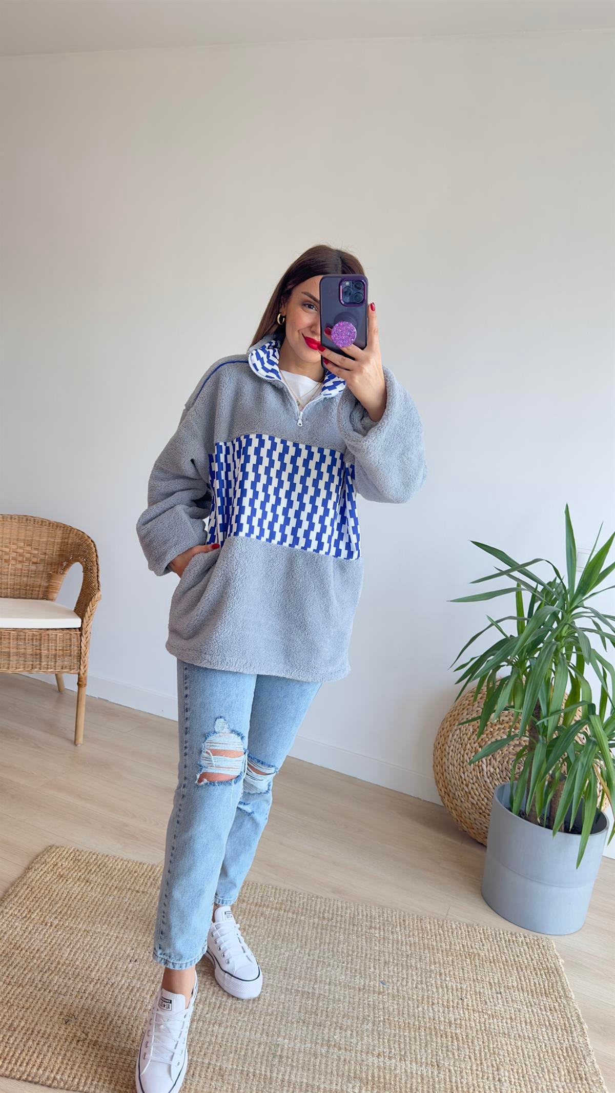 Mavi Desenli Peluş Sweat