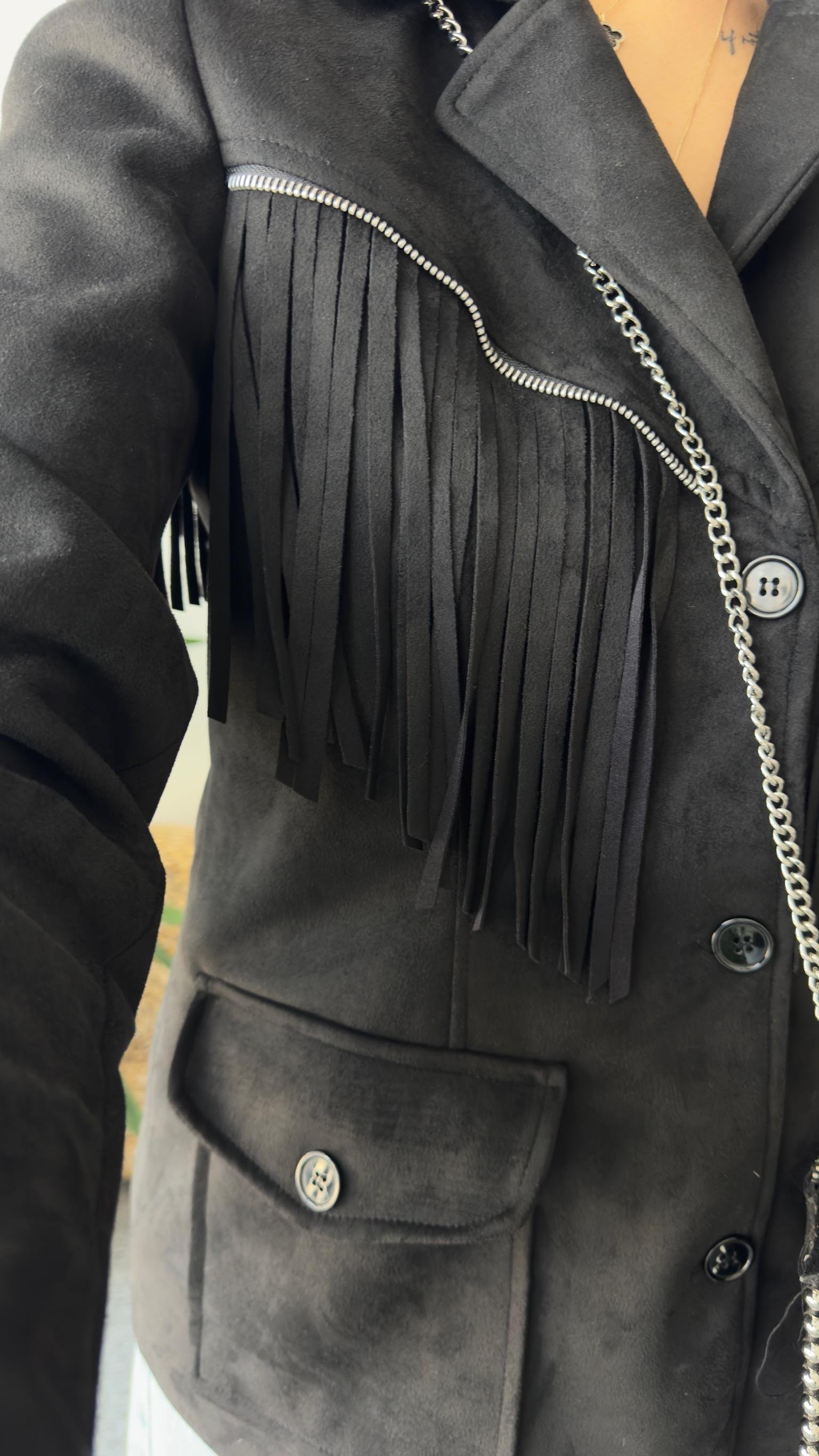 Henko Püsküllü Siyah Süet Ceket