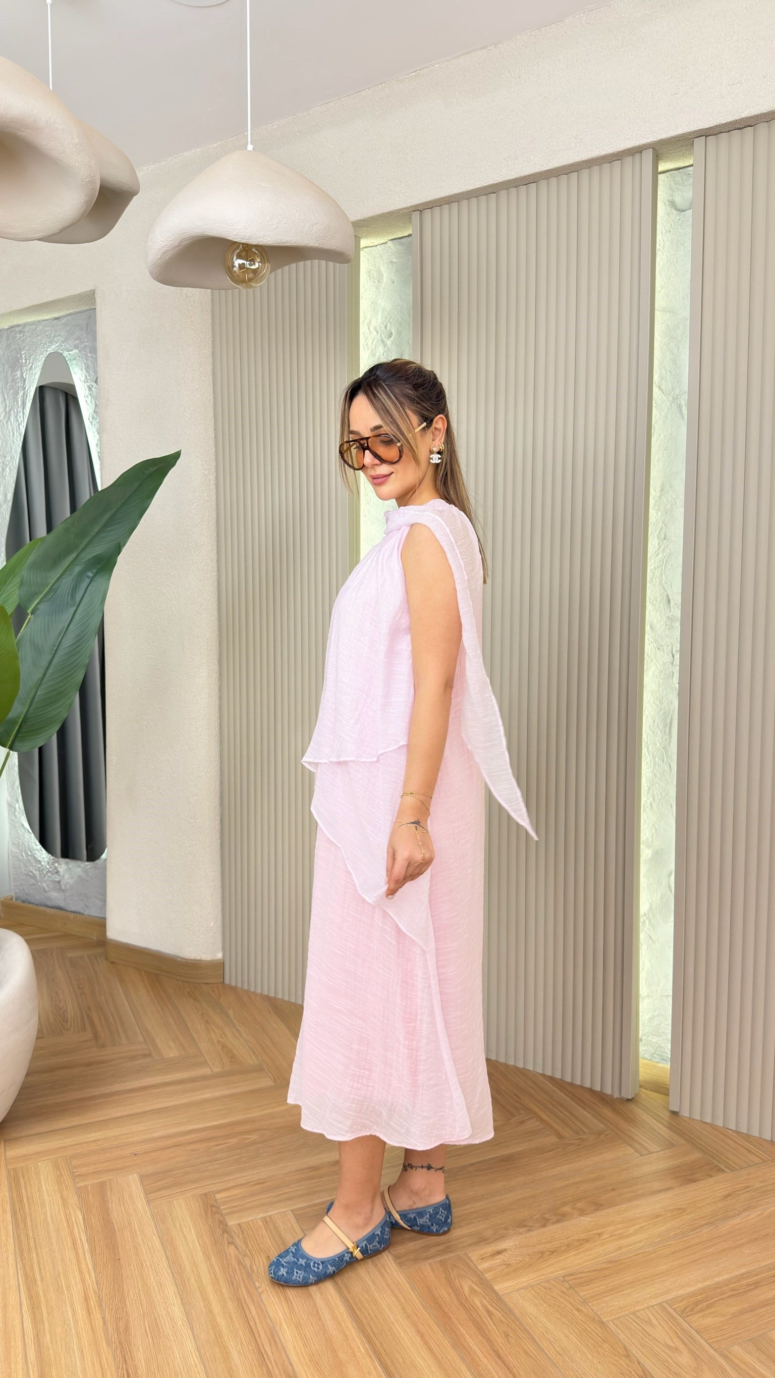 Pembe Lorisa Katlı Astarlı Elbise 