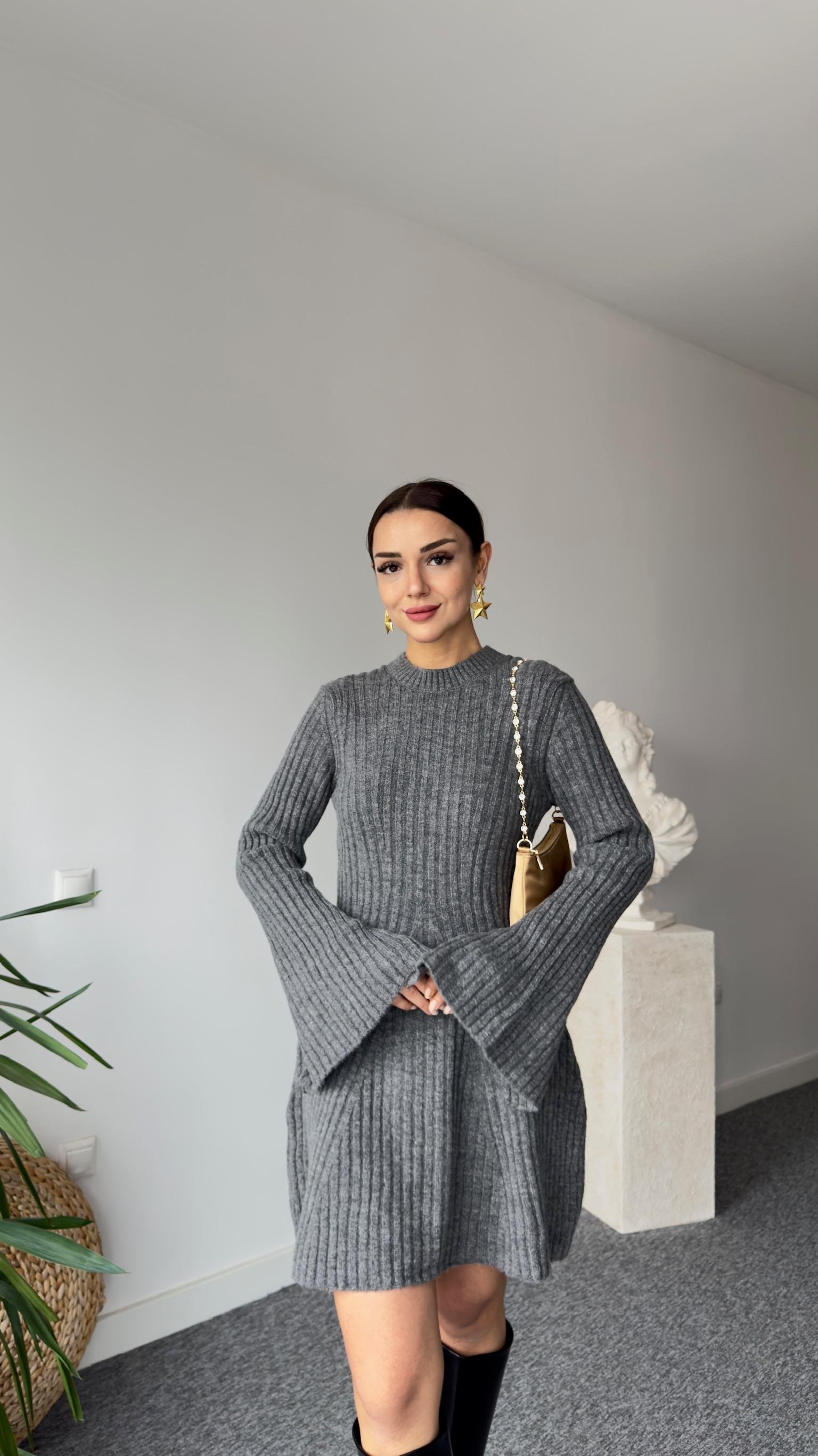 Olla Fitilli Gri Triko Elbise