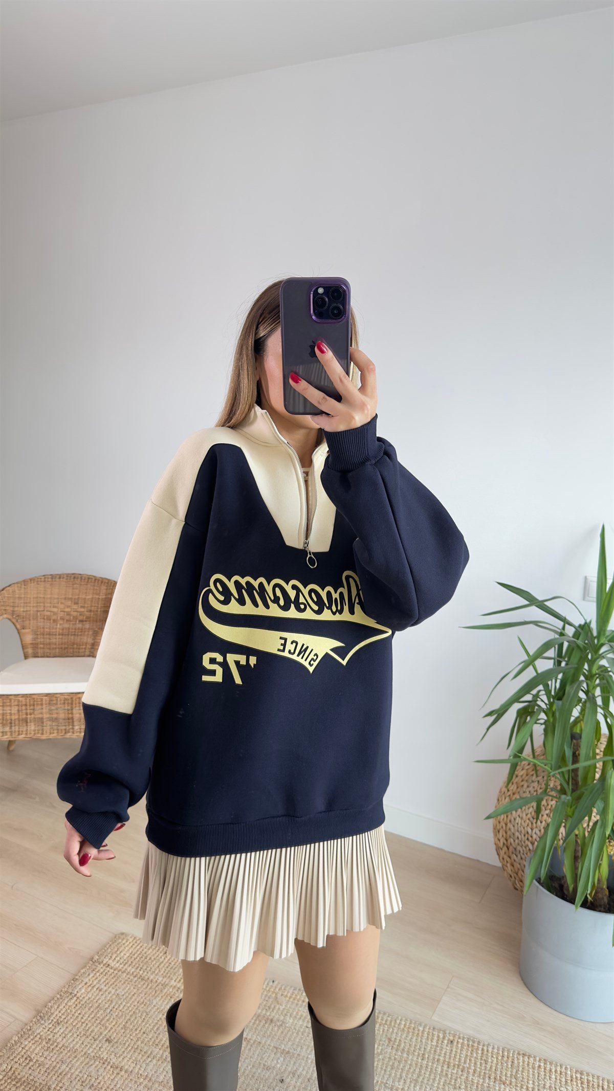 Lacivert Bej Baskılı Sweatshirt