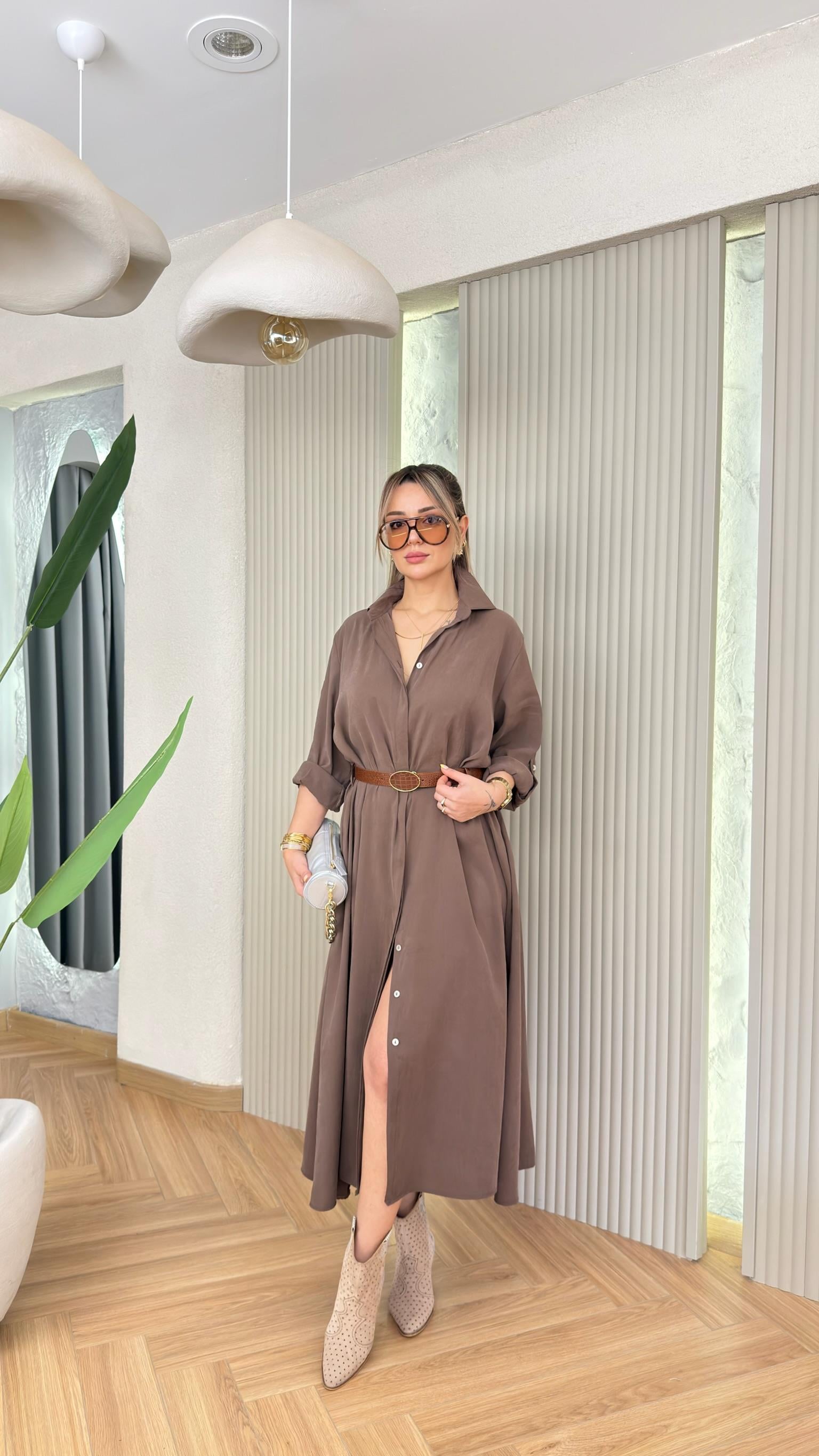 Kahve Vesra Deri Kemer Detaylı Salaş Tensel Elbise