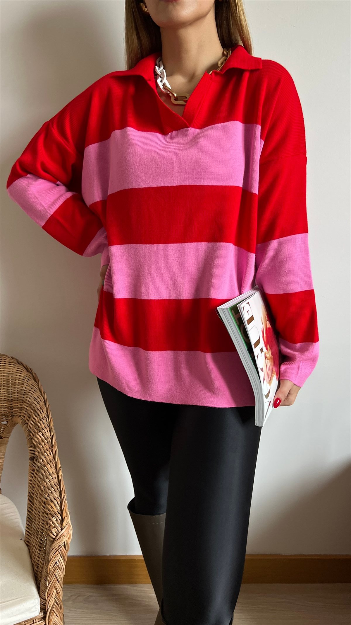 Kırmızı Pembe Polo Yaka Triko