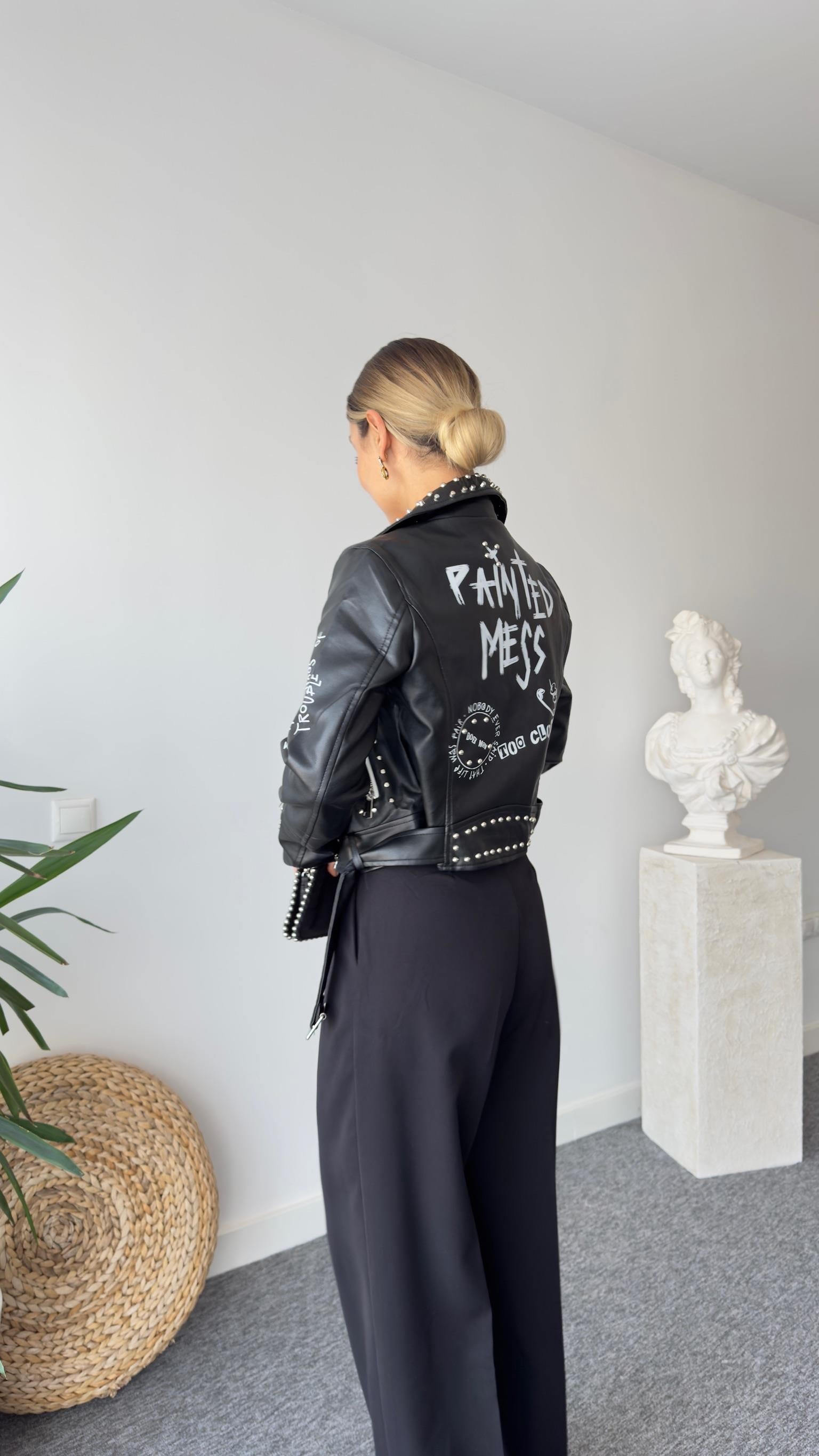 İthal Zımba Ve Yazı Detaylı Deri Ceket