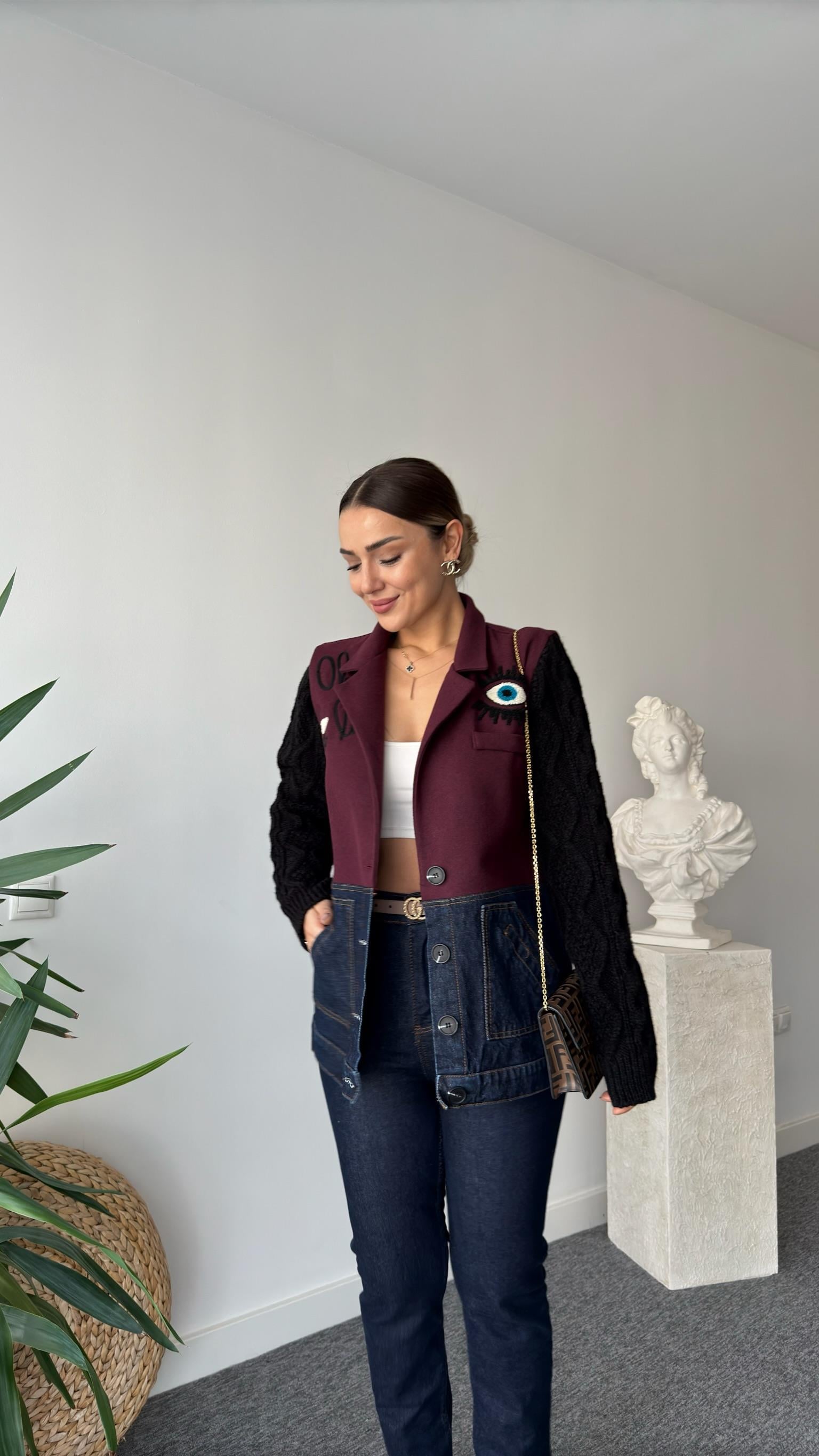 İthal Kollar Triko Detaylı İşlemeli Bordo Blazer Ceket