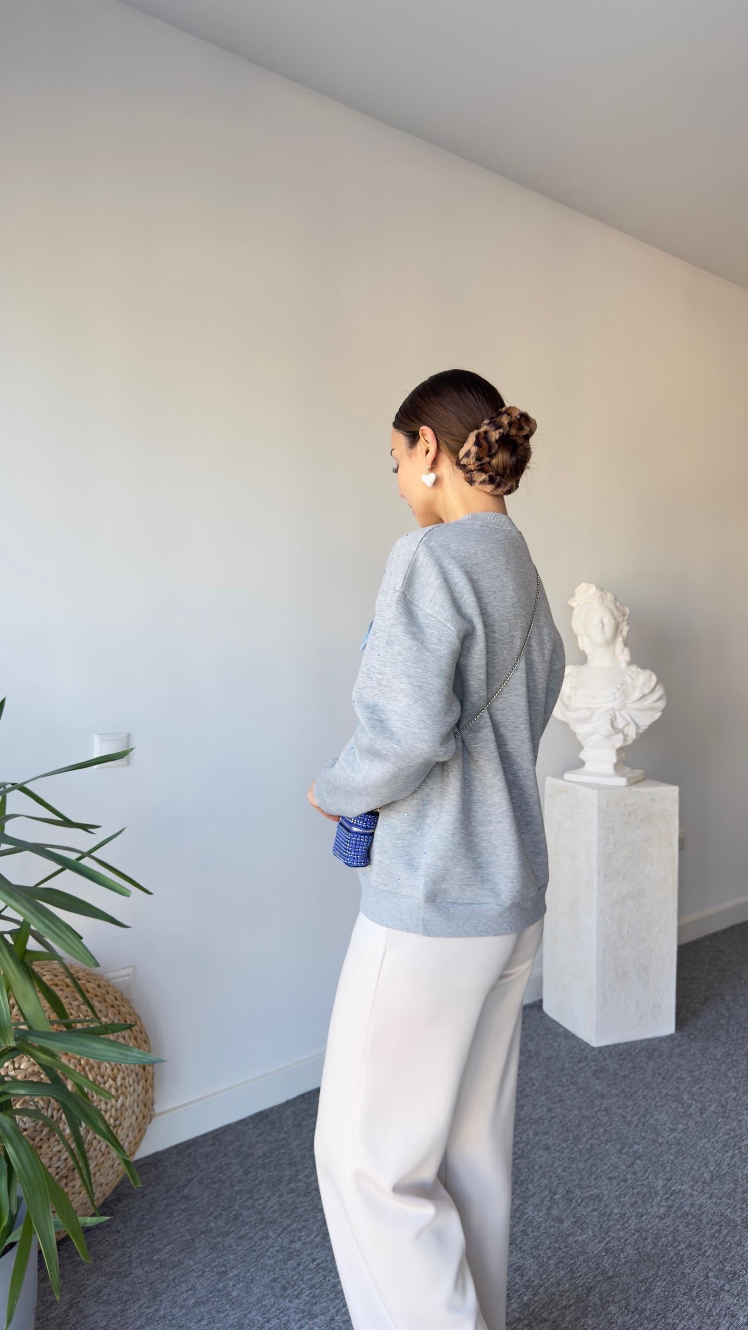 Kais Kot Garnili Taşlı Gri Sweatshirt