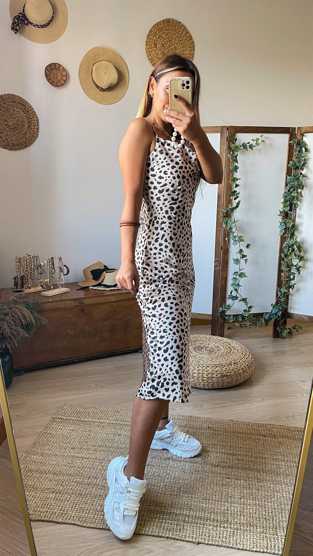 Leopar Desen Saten Elbise