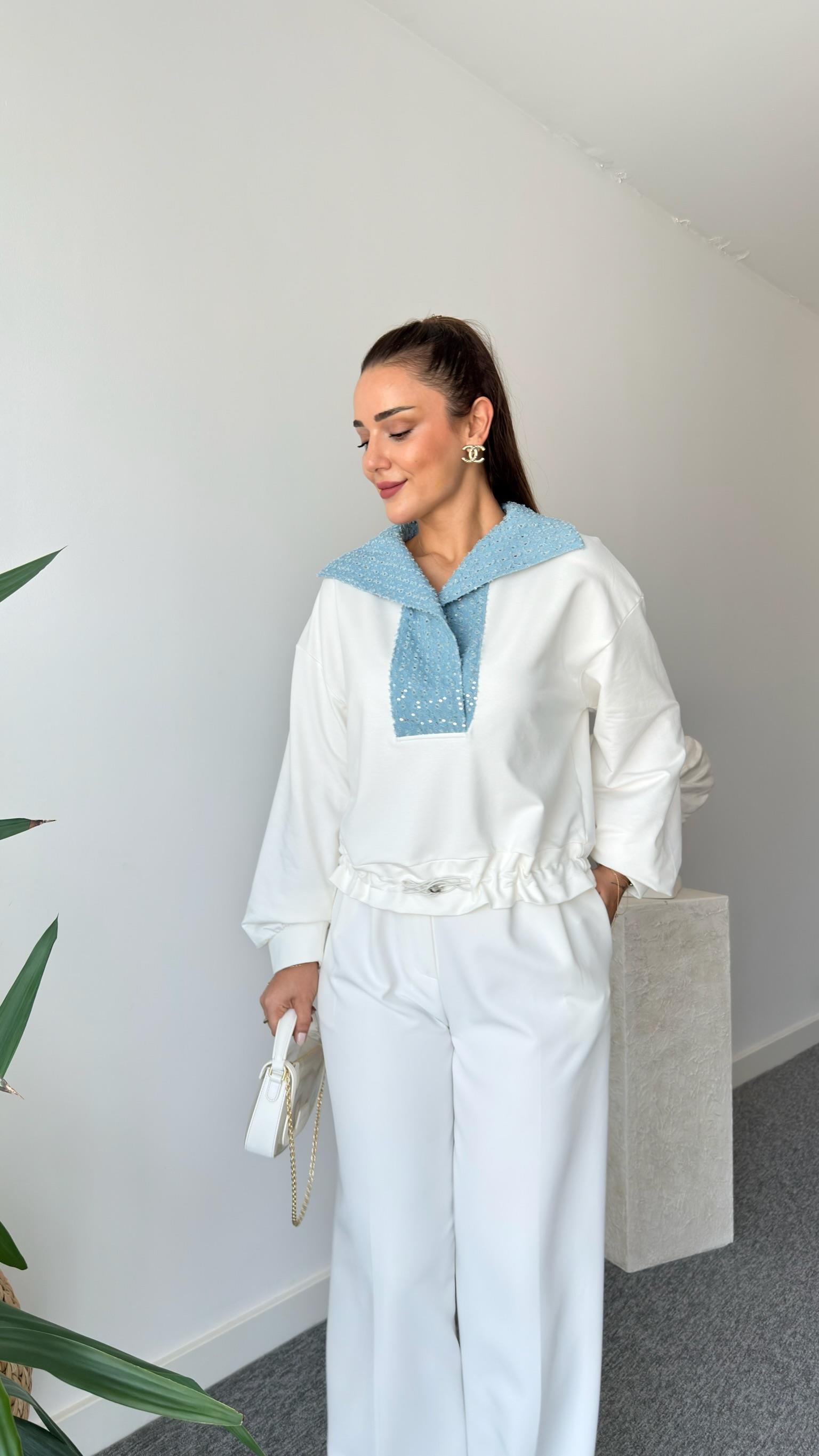Yakası Kot Garnili Sweatshirt