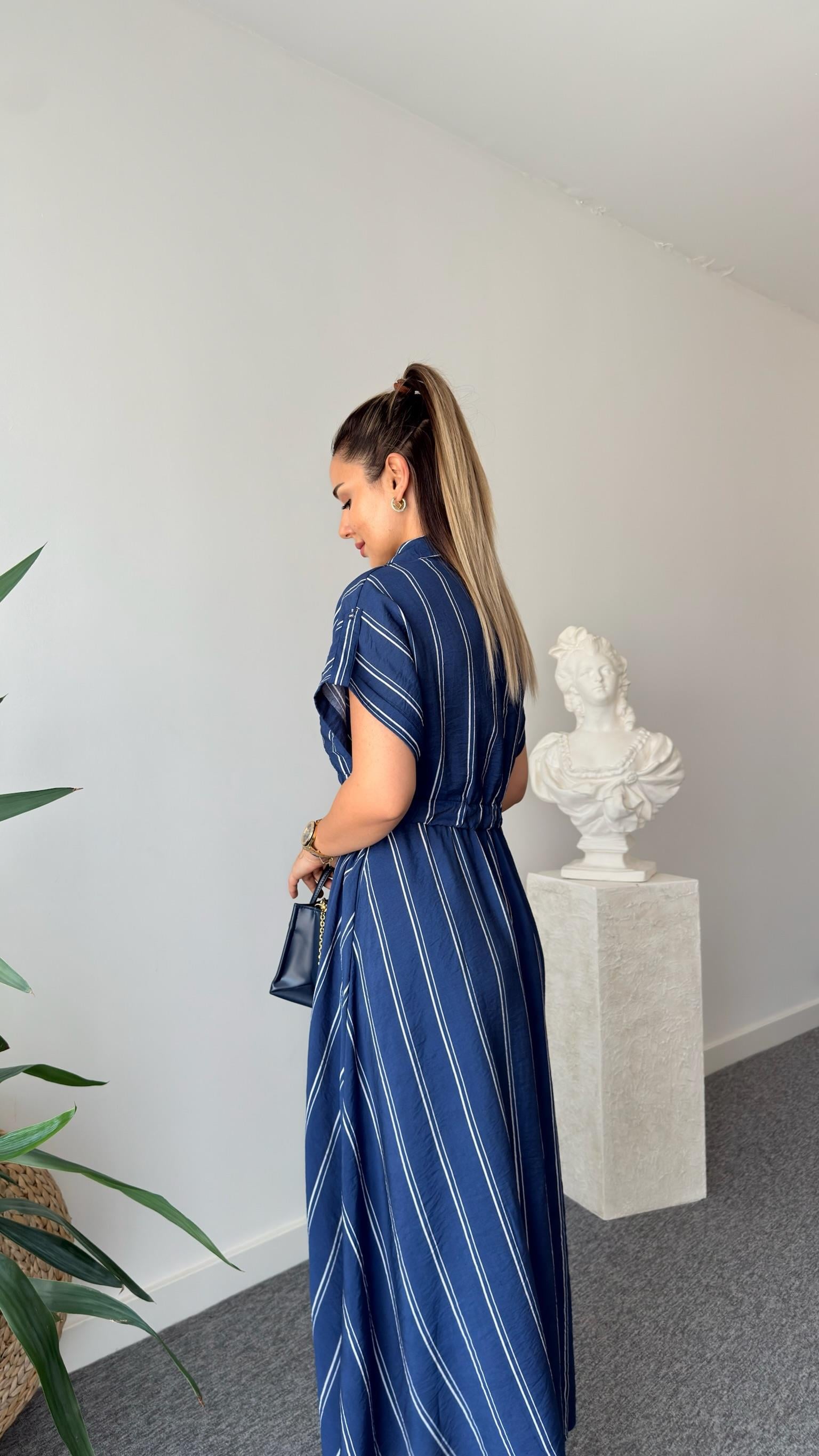 Varela Çizgili Gömlek Yaka Lacivert Elbise