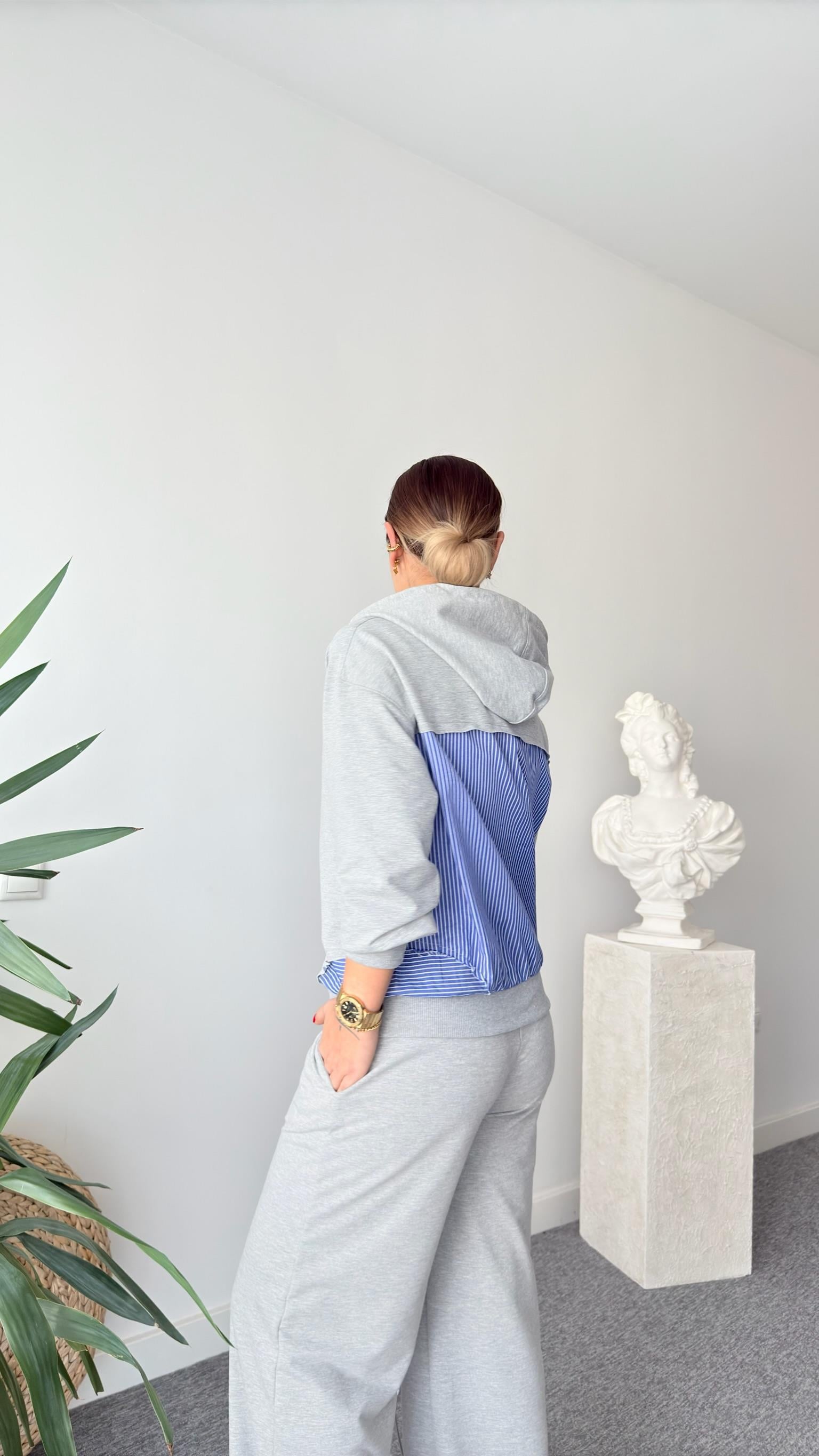 Gri Reste Poplin Garnili Sweatshirt