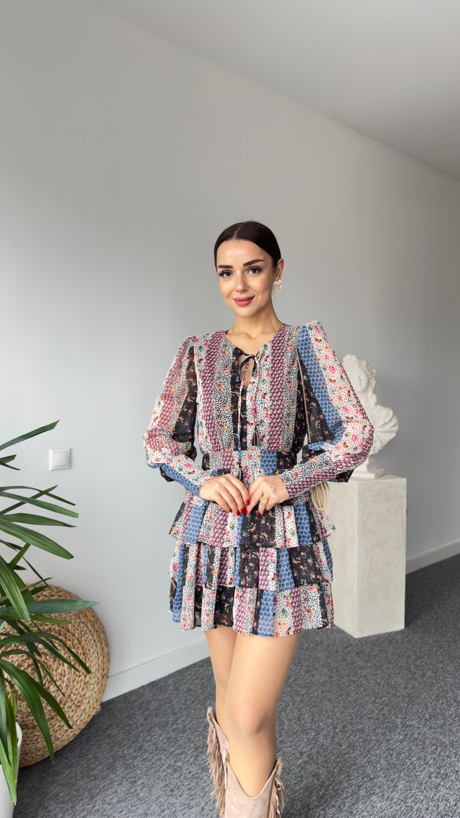 Eva Çok Renkli Katlı Şifon Elbise