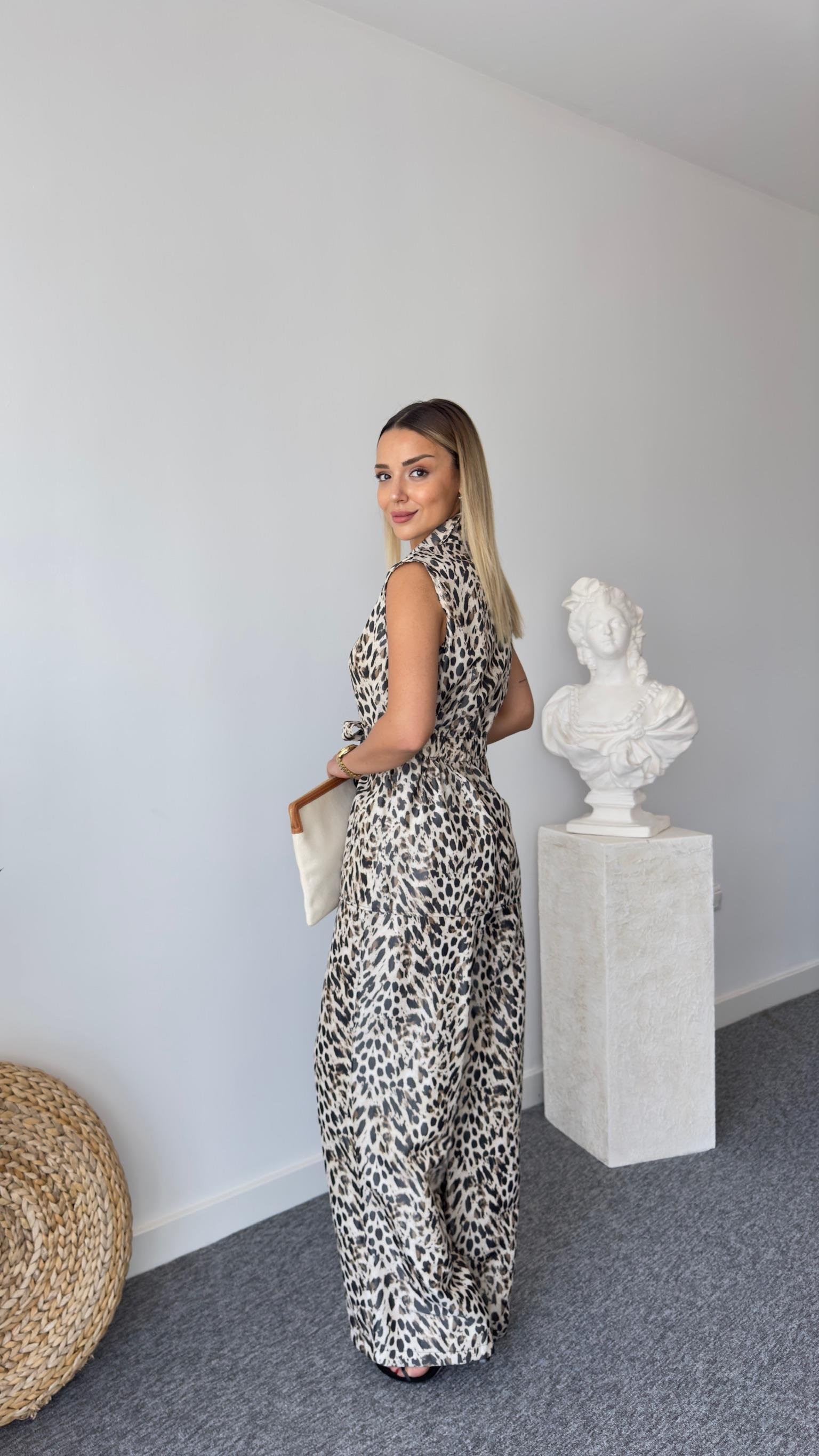 Tafta Leopar Desen Yelekli Takım