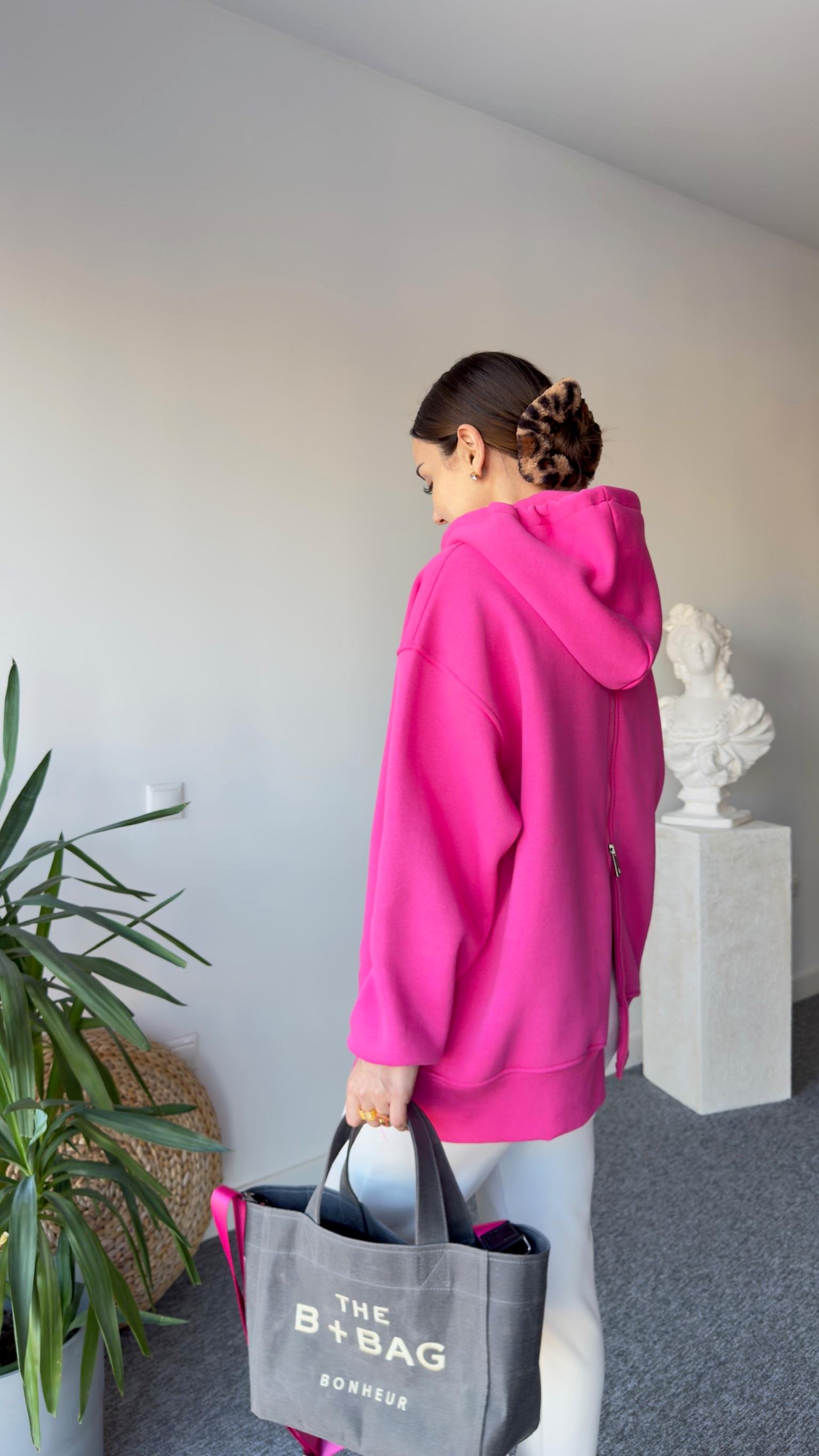 Sırt Fermuarlı Kapüşonlu Pembe Sweatshirt