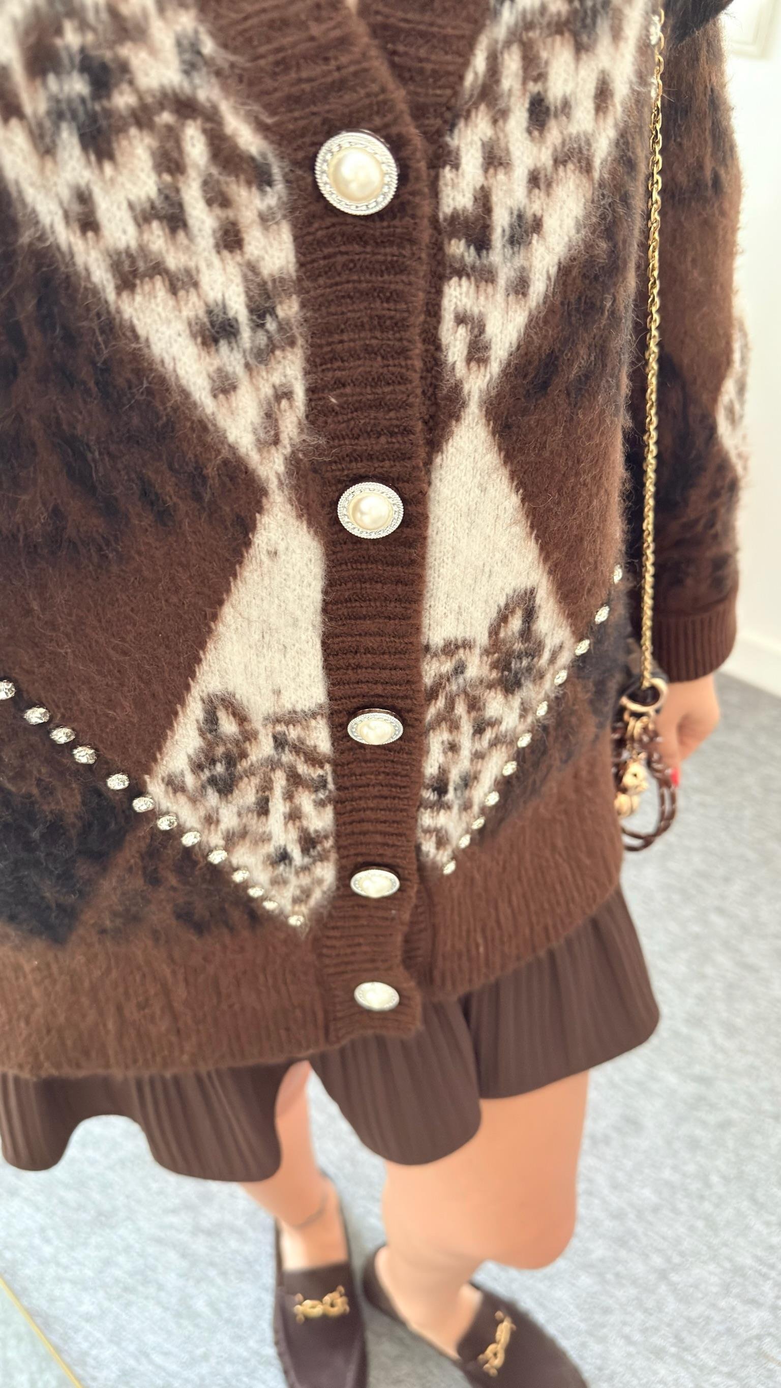 Kahve Paro Taş Detaylı Baklava Desen Hırka