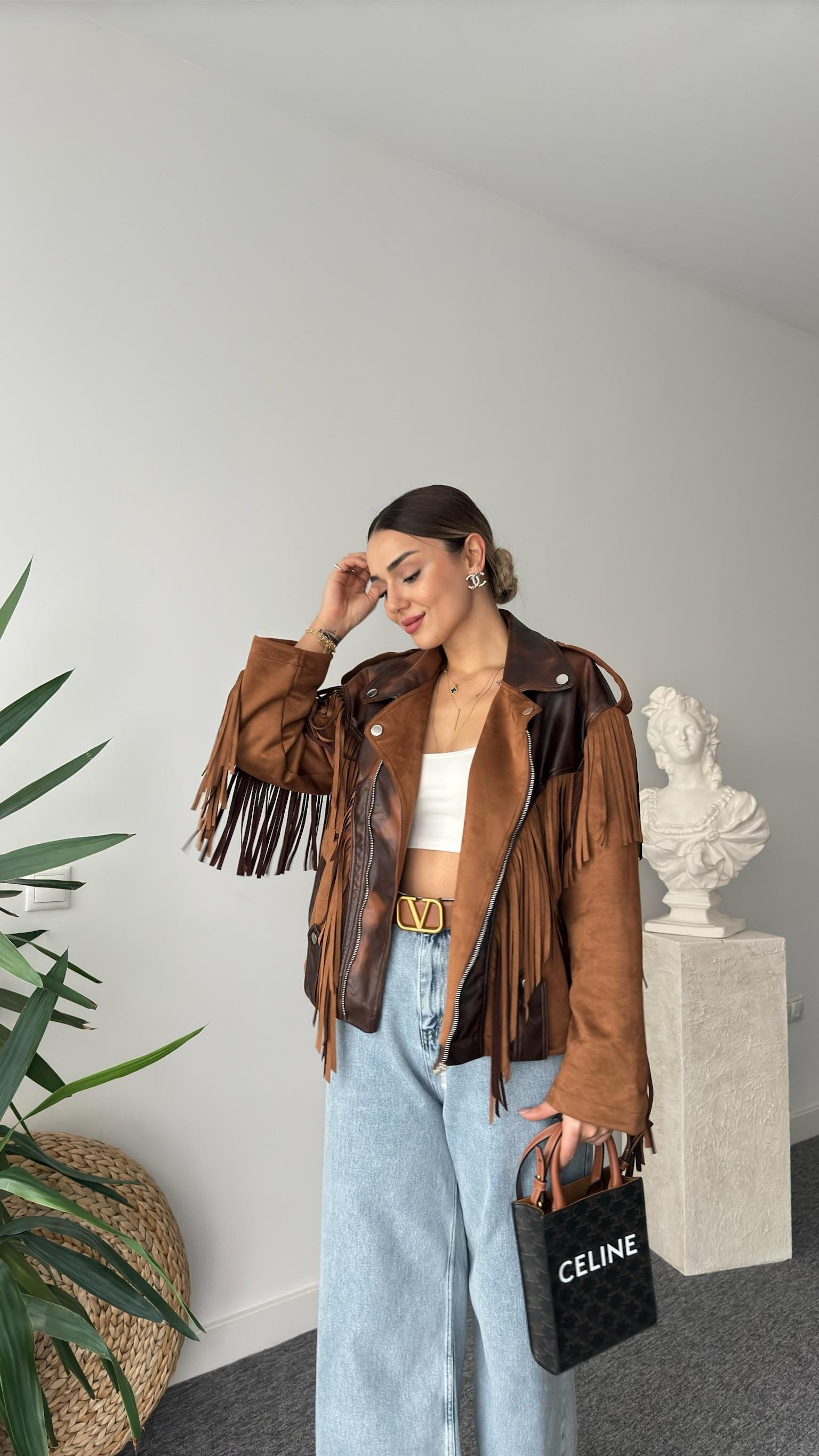 Auri Püsküllü Deri Detaylı Süet Ceket